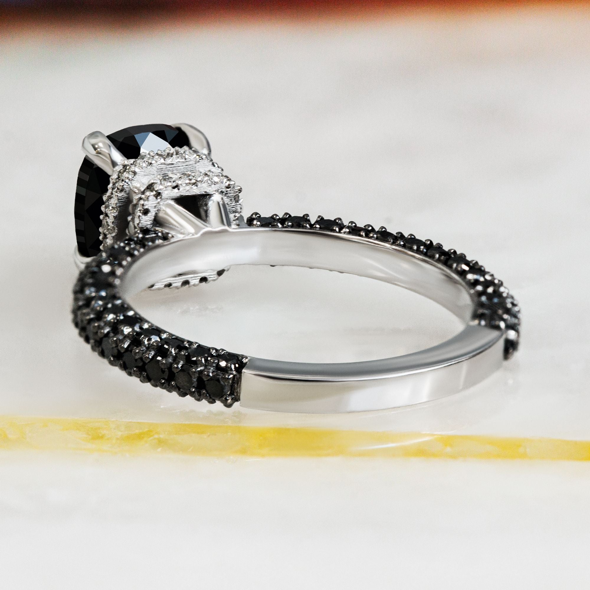 4 Carats Double Hidden Halo Natural Black Diamond Cushion Engagement Ring in White Gold