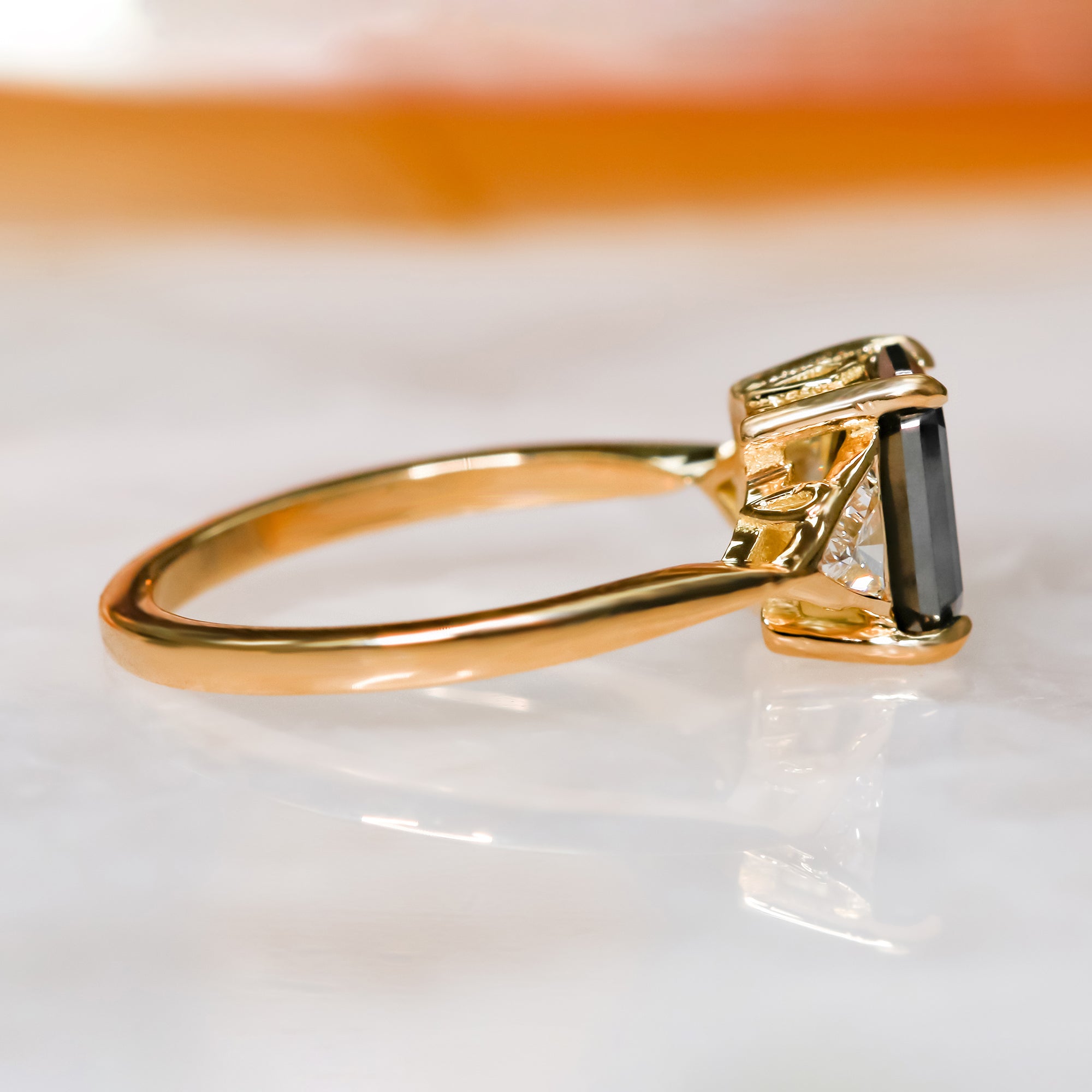 Three Stone Natural Black Diamond Emerald Cut & Triangle Engagement Ring in 14K Gold