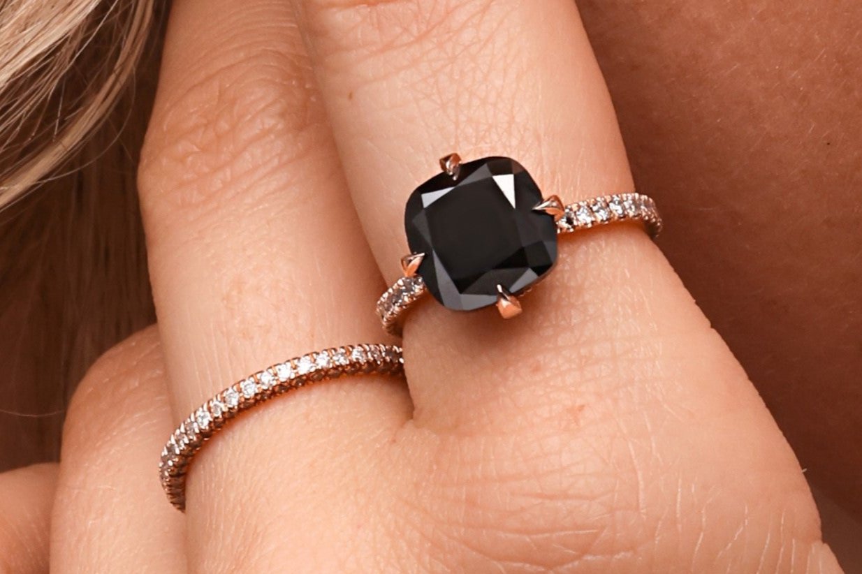Compass  Natural Black Diamond Cushion Engagement Ring