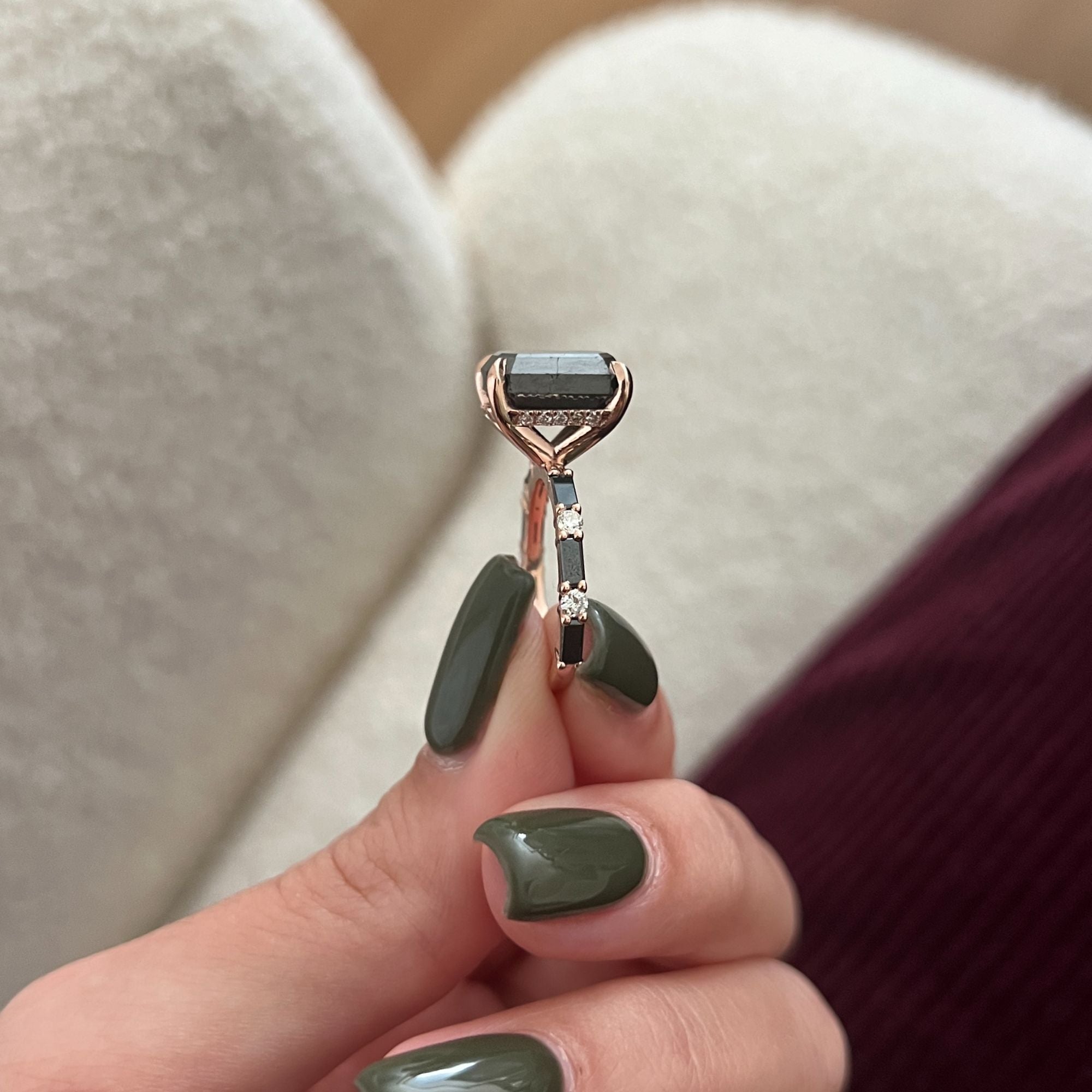 Art Deco Natural Black Diamond Emerald Cut Engagement Ring