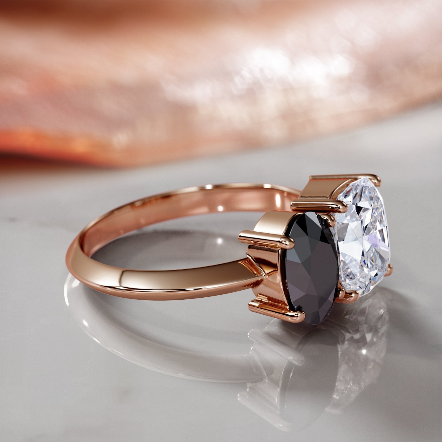Two Stone  Natural Black Diamond Oval Engagement Ring  in Rose Gold