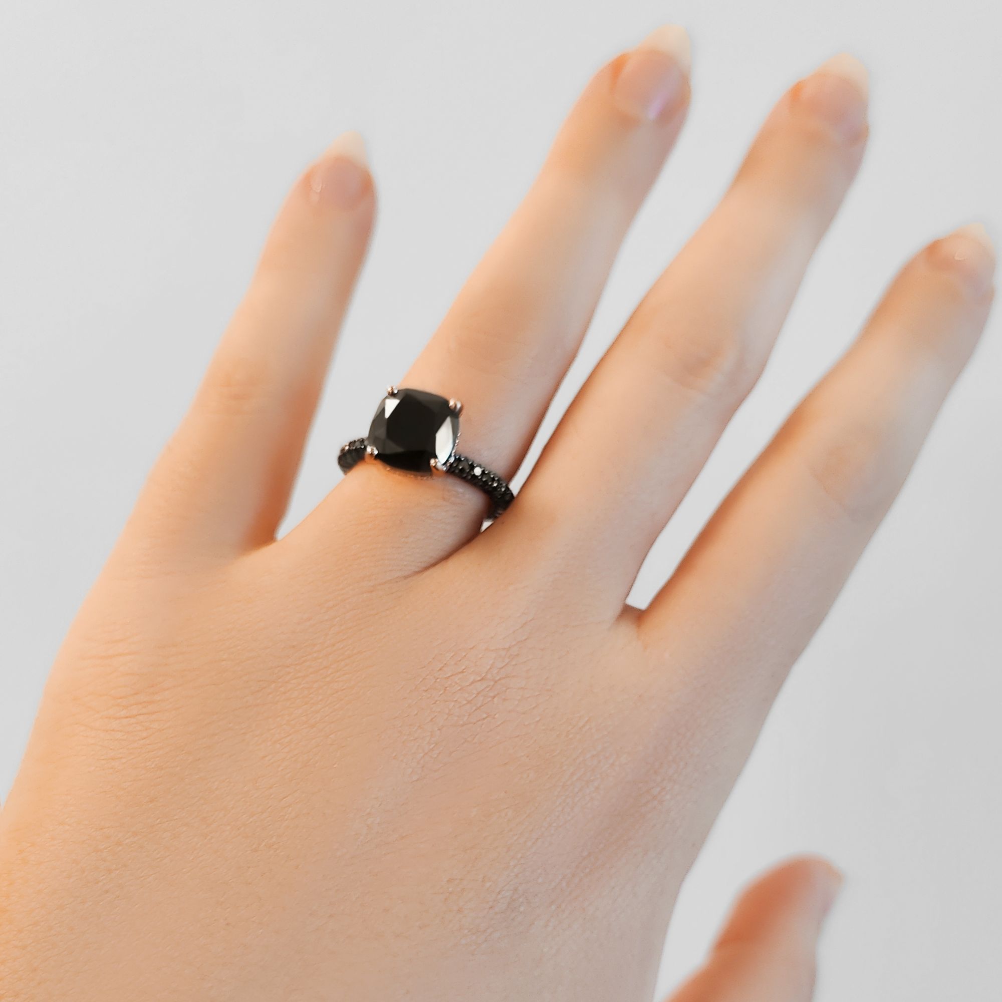 6.44 Carats Three-Sided Band Natural Black Diamond Cushion Engagement Ring