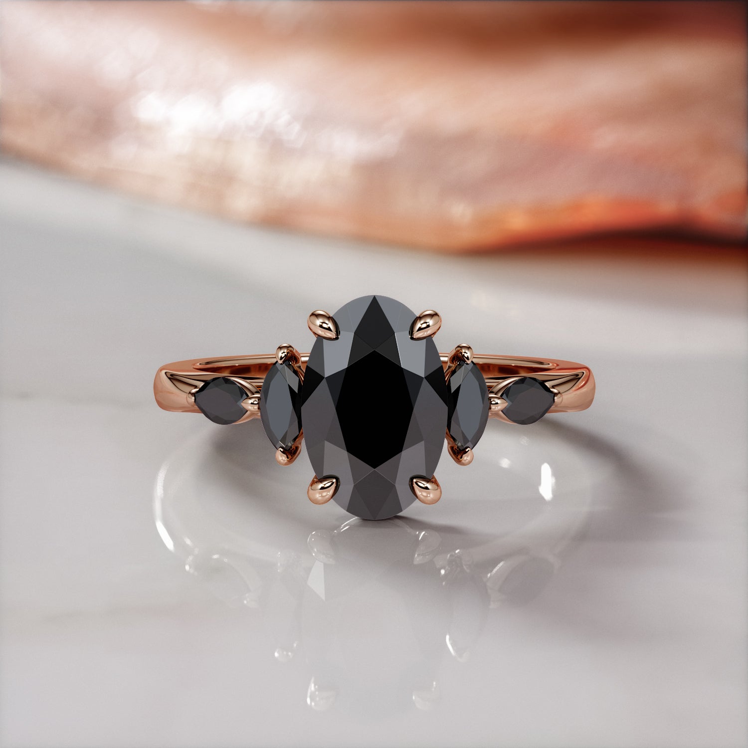 Art Deco Natural Black Diamond Oval Engagement Ring
