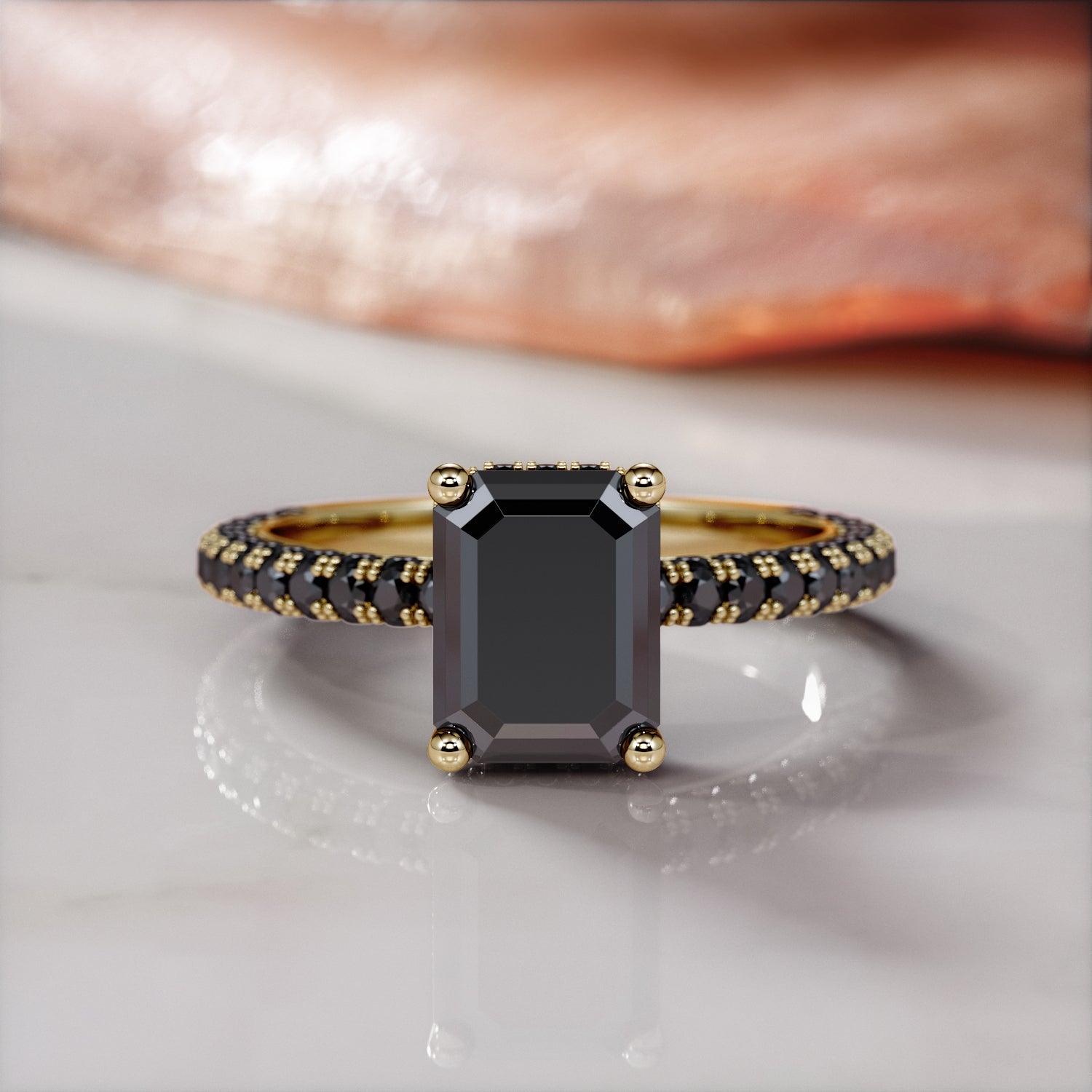 Black Diamond  Natural Black Diamond Emerald Cut Engagement Ring  in Yellow Gold