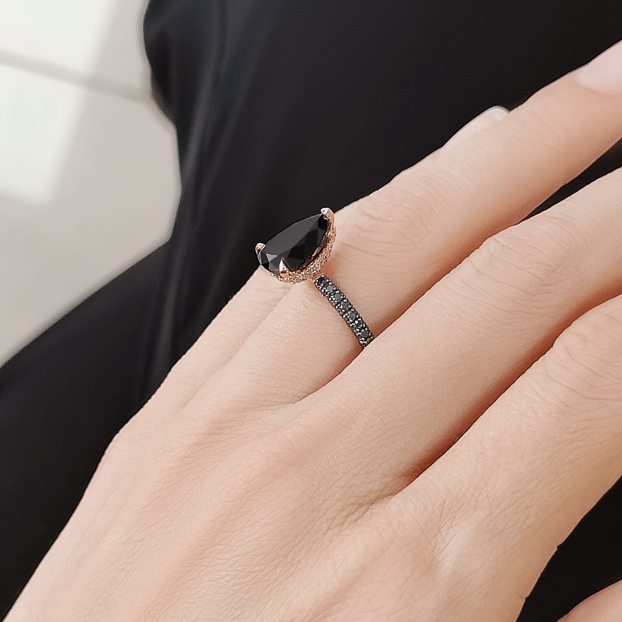 Three Sided Band Black & White Natural Diamond Pear Cut Engagement Ring