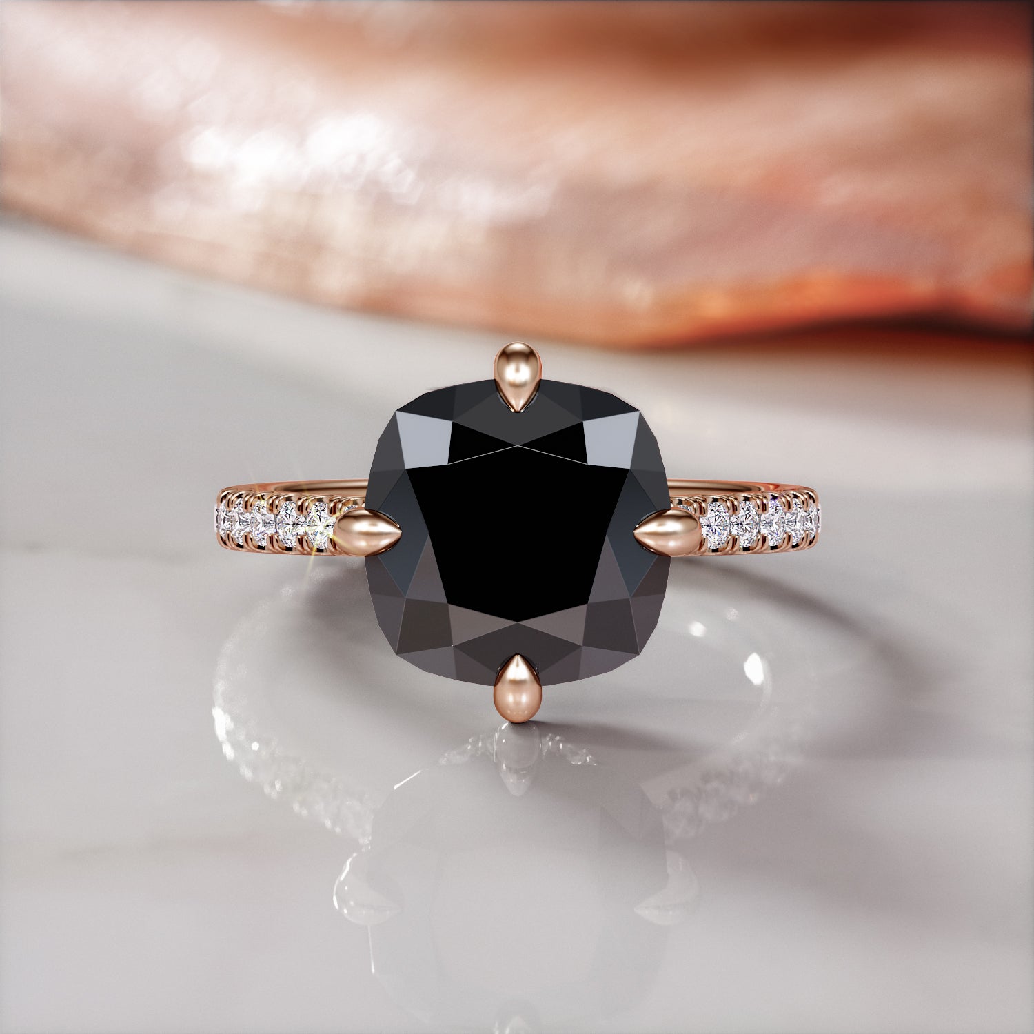 Compass  Natural Black Diamond Cushion Engagement Ring