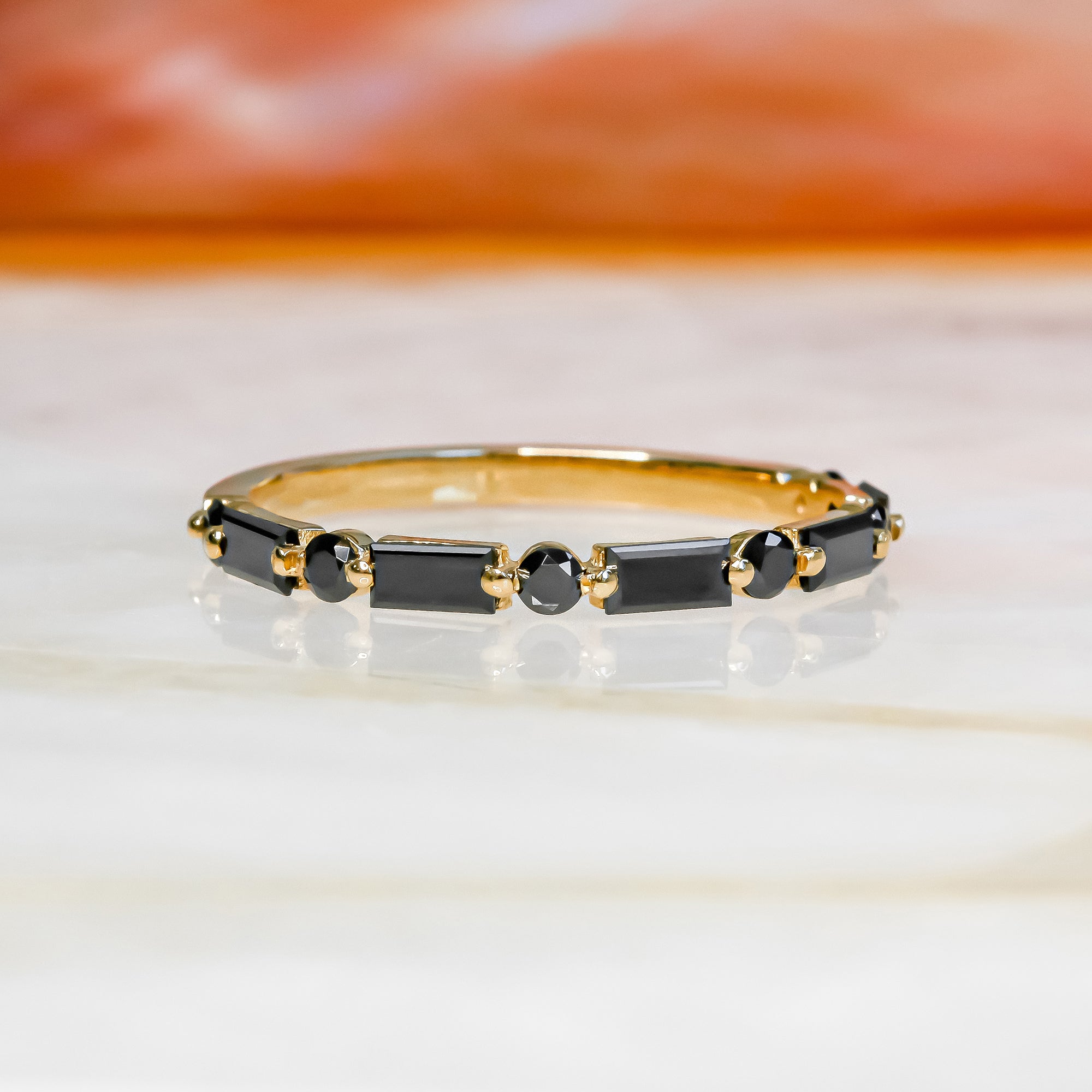 Art Deco Wedding Ring with Round & Baguette Cut Natural Black Diamonds