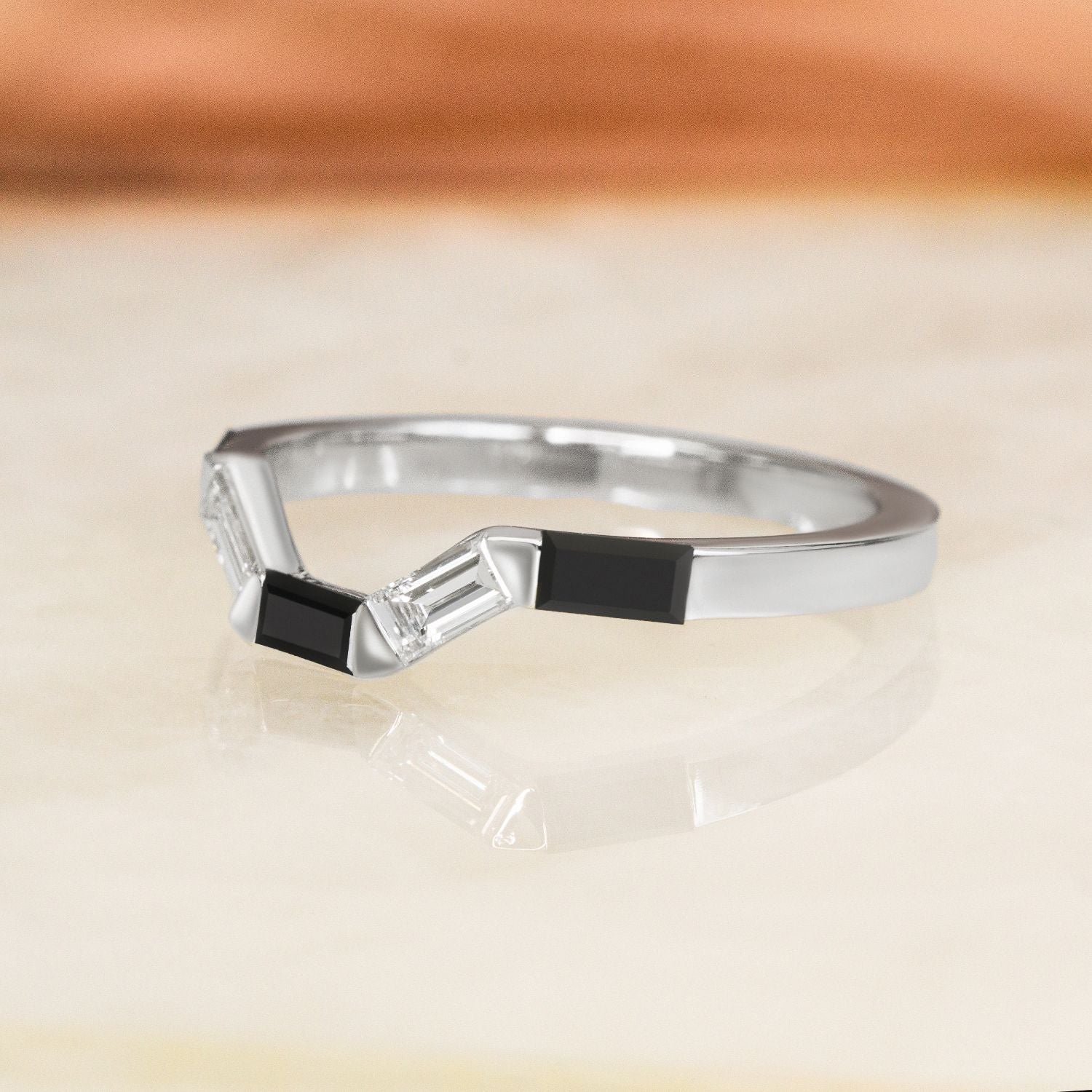 White Light - Trapezed  Natural Black Diamond Ring Set With Baguette Cut Diamonds