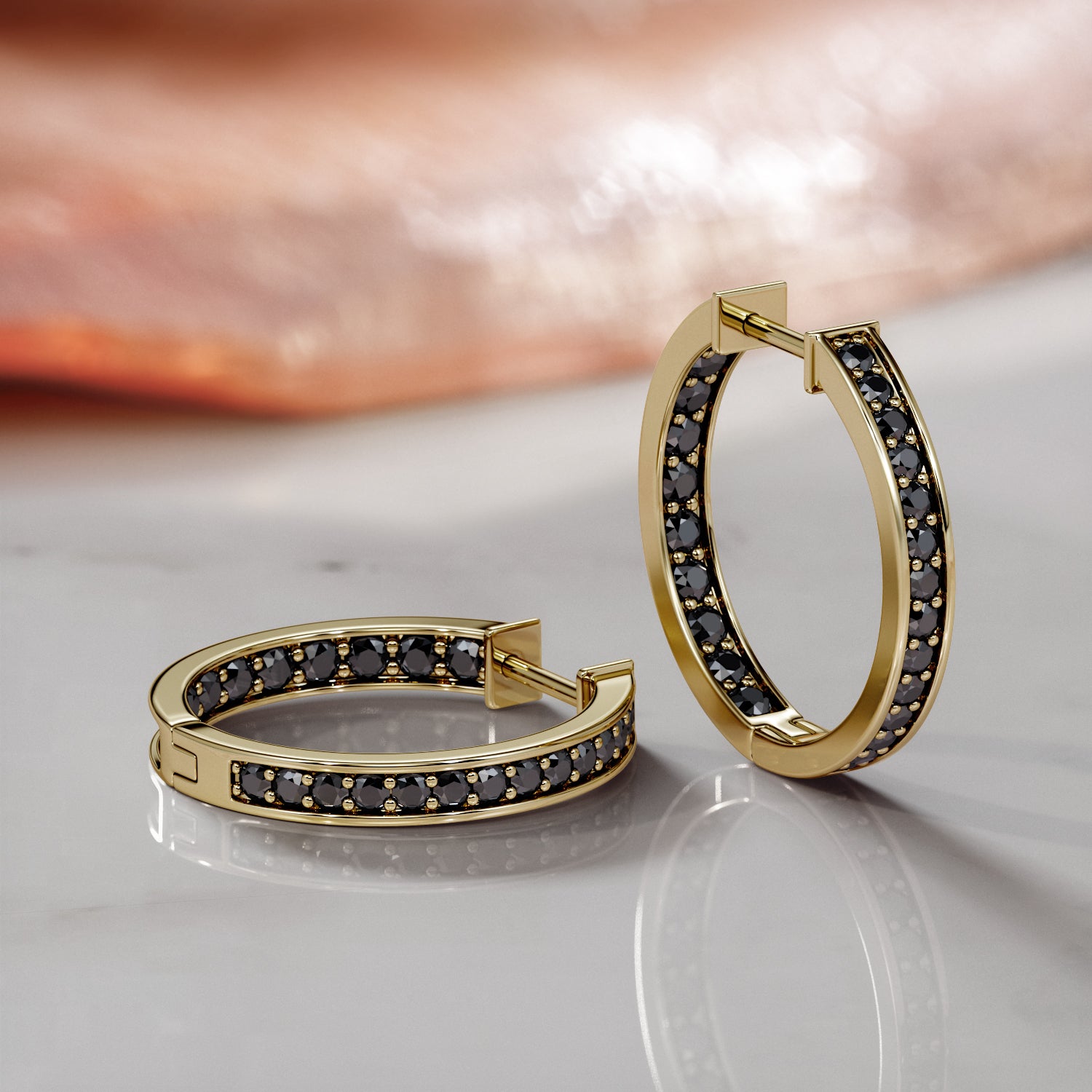 1 Carats black diamonds  Rose / Yellow Gold Earrings