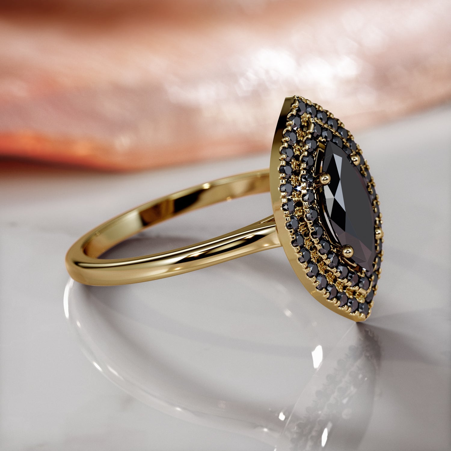 Double Halo  Natural Black Diamond Marquis Engagement Ring  in Yellow Gold