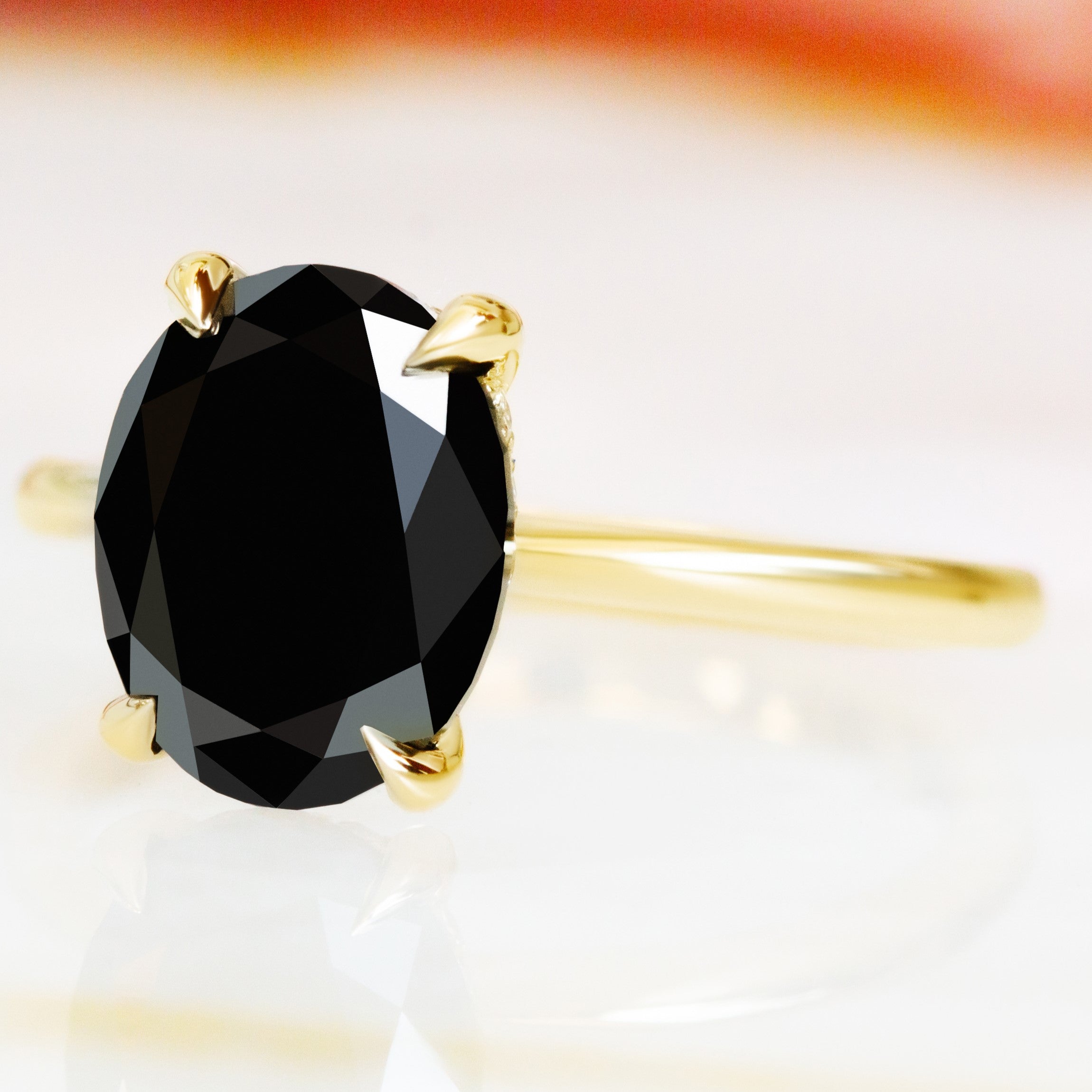 Solitaire Natural Black Diamond Oval Engagement Ring in Yellow Gold