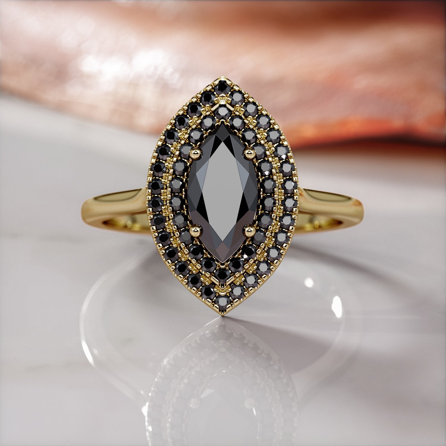 Double Halo  Natural Black Diamond Marquis Engagement Ring  in Yellow Gold