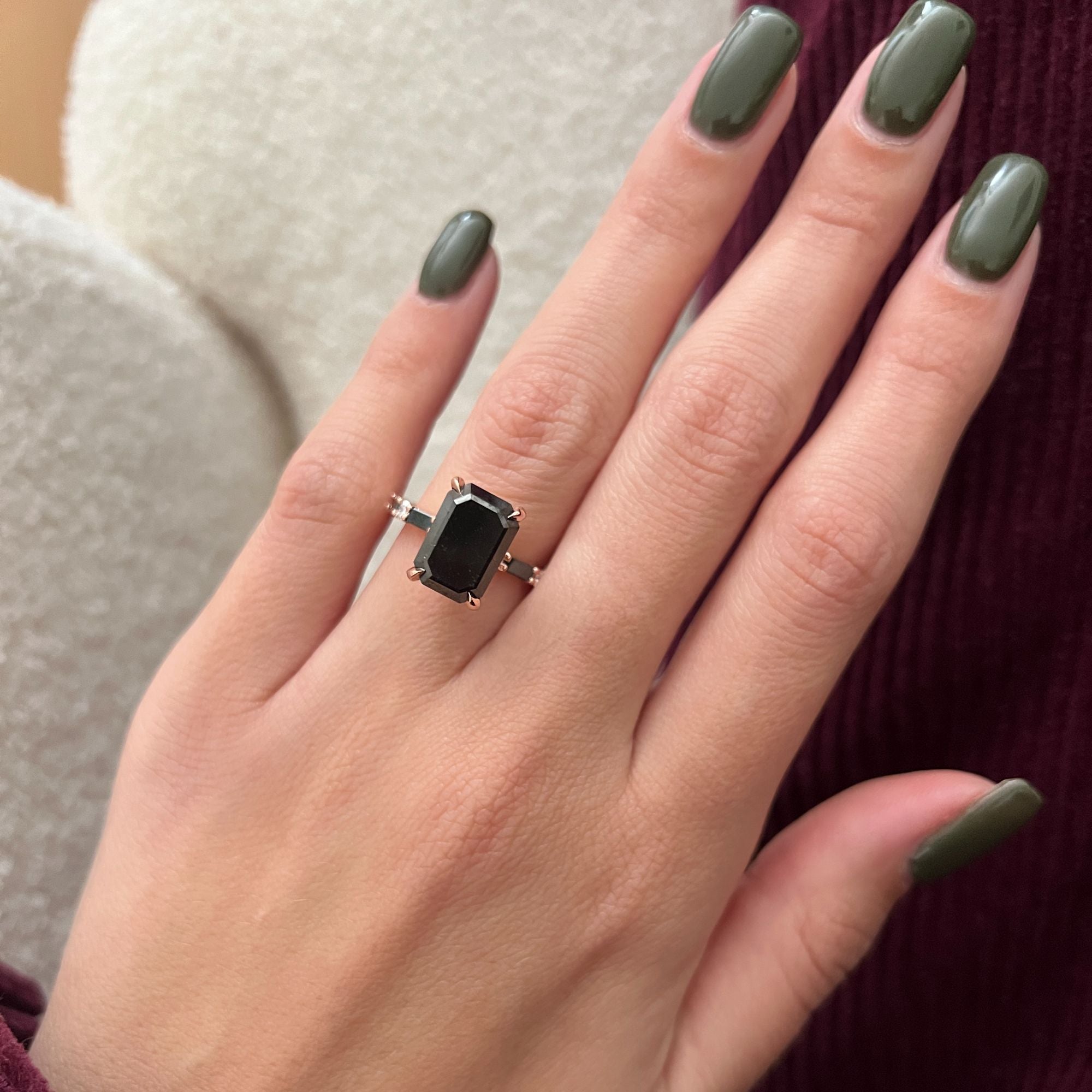 Art Deco Natural Black Diamond Emerald Cut Engagement Ring