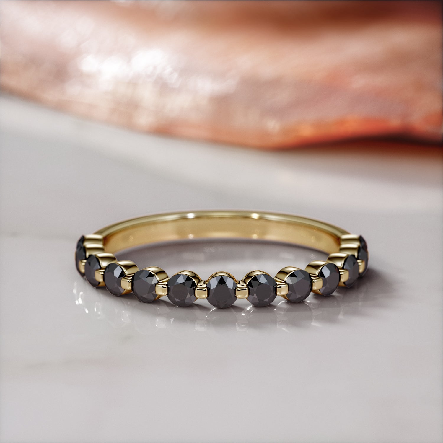 Half Eternity  Natural Black Diamond  Engagement Ring  in Yellow Gold