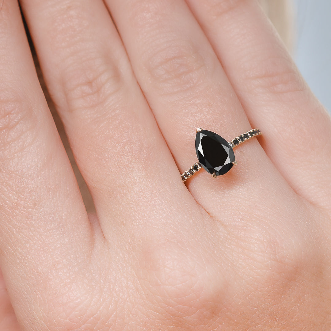 Unique  Natural Black Diamond Pear Engagement Ring