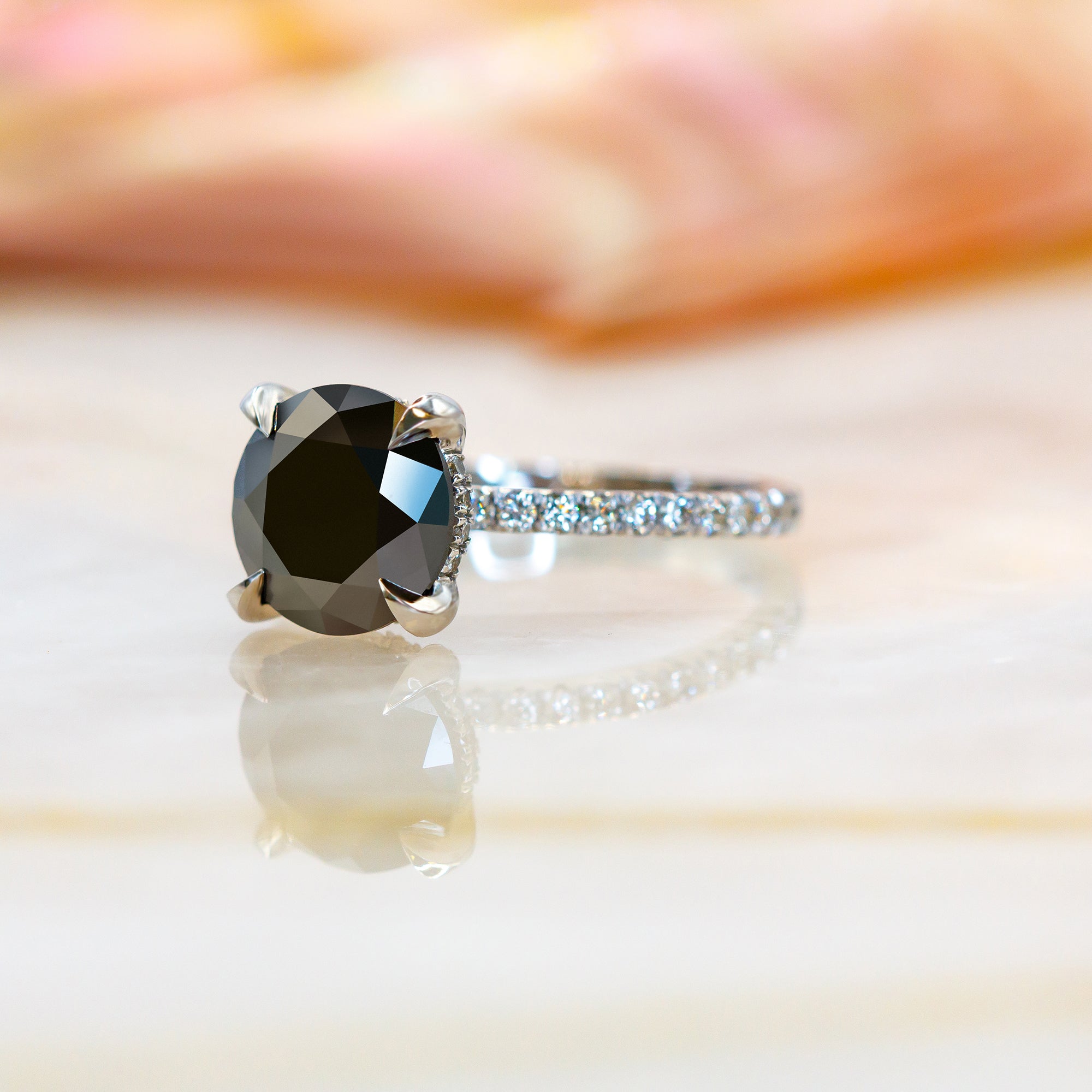 Black & White   Natural Black Diamond Round Engagement Ring  in White  Gold