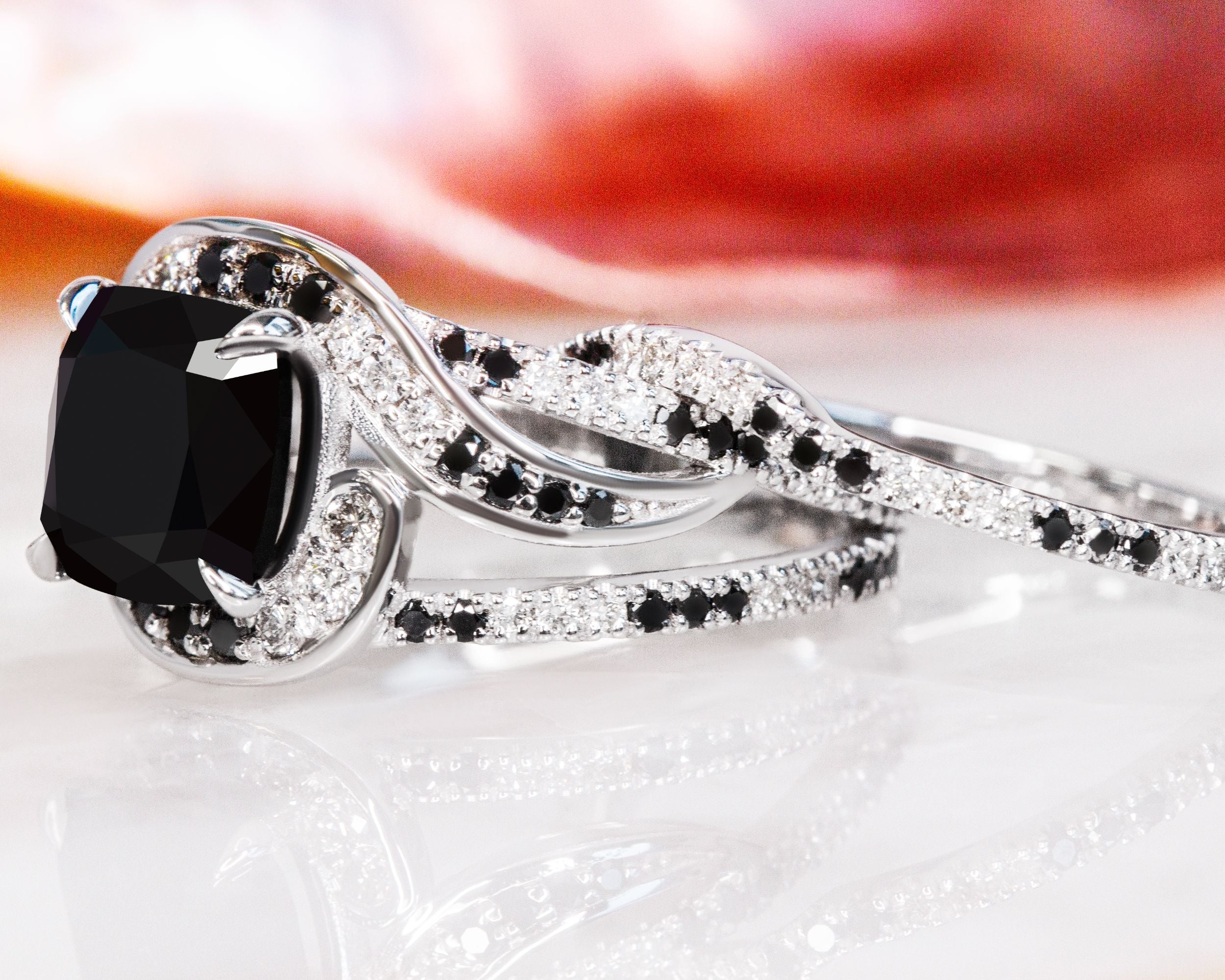 Black & White   Natural Black Diamond Cushion Engagement Ring  in White Gold