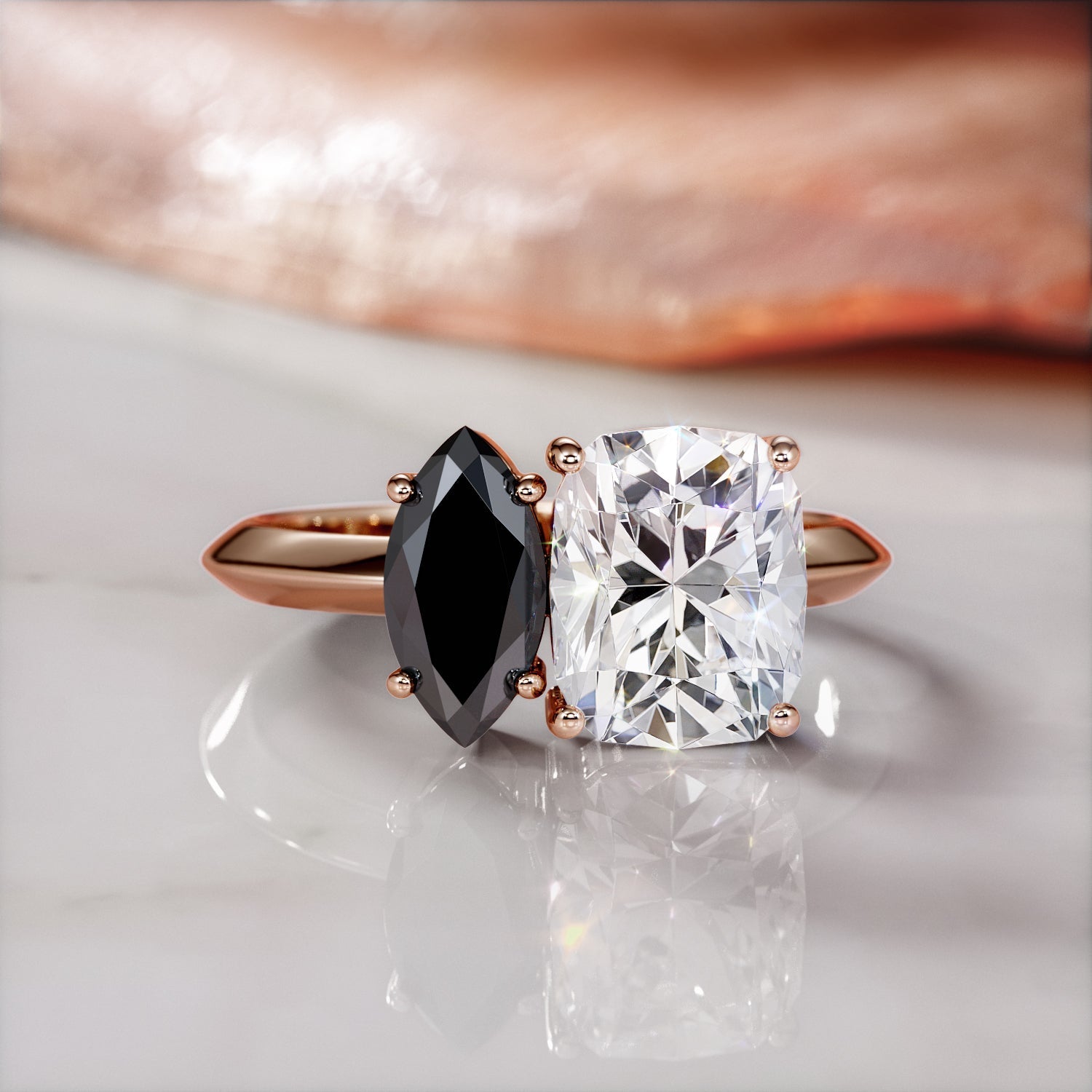 Two Stone  Natural Black Diamond Marquise Engagement Ring  in Rose Gold