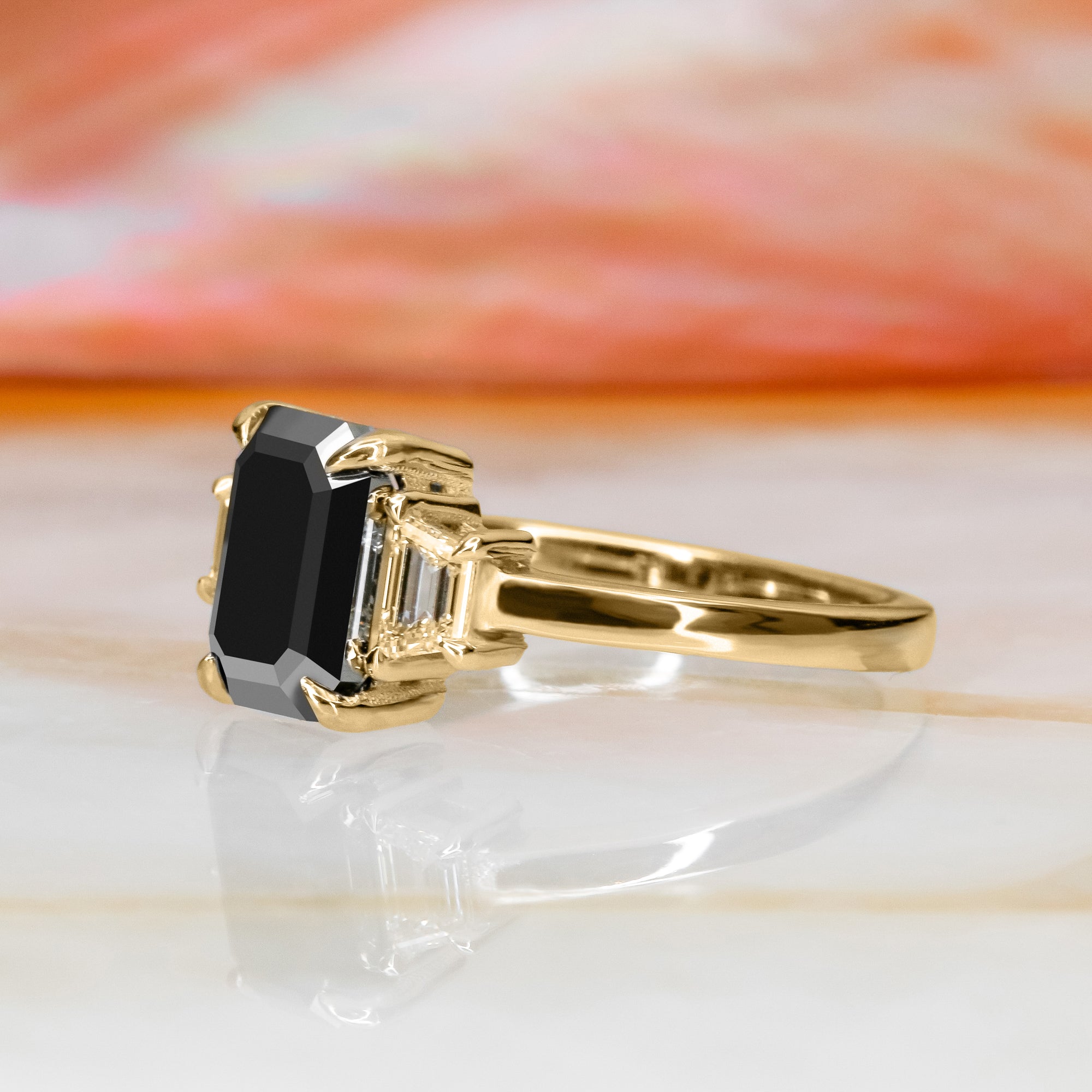 Art Deco Black & White Natural Diamond Emerald Cut Engagement Ring