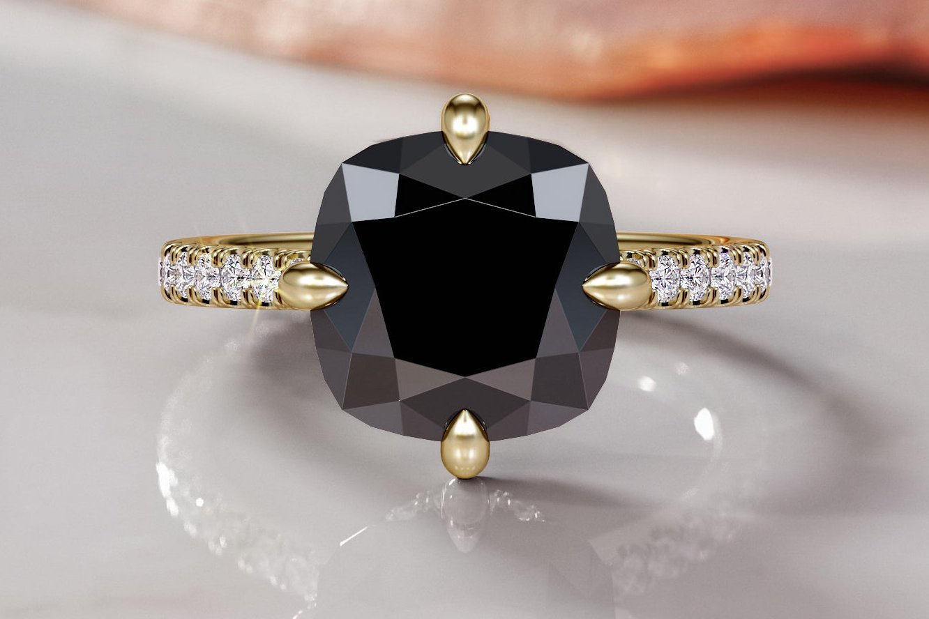 Compass  Natural Black Diamond Cushion Engagement Ring