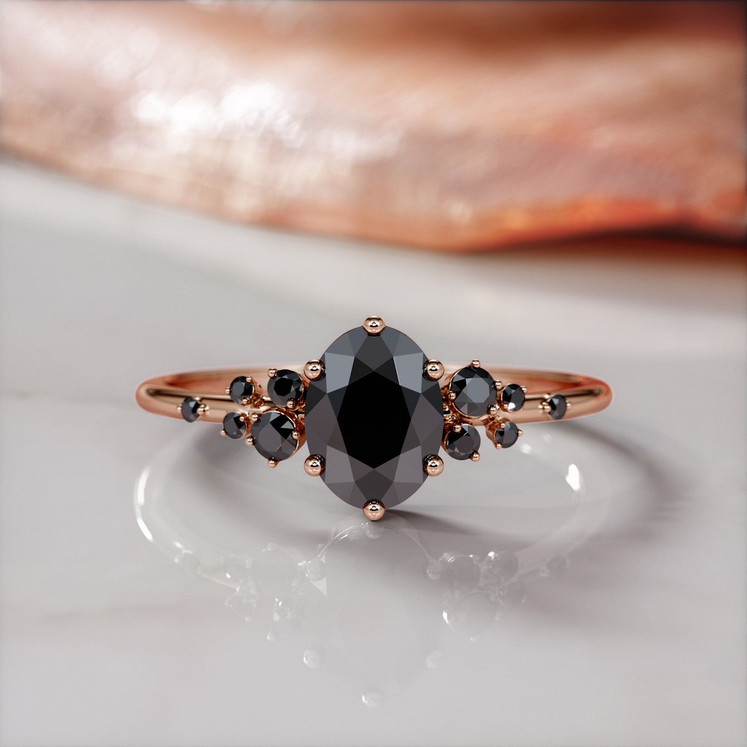 Cluster Natural Black Diamond Oval Engagement Ring in Rose Gold