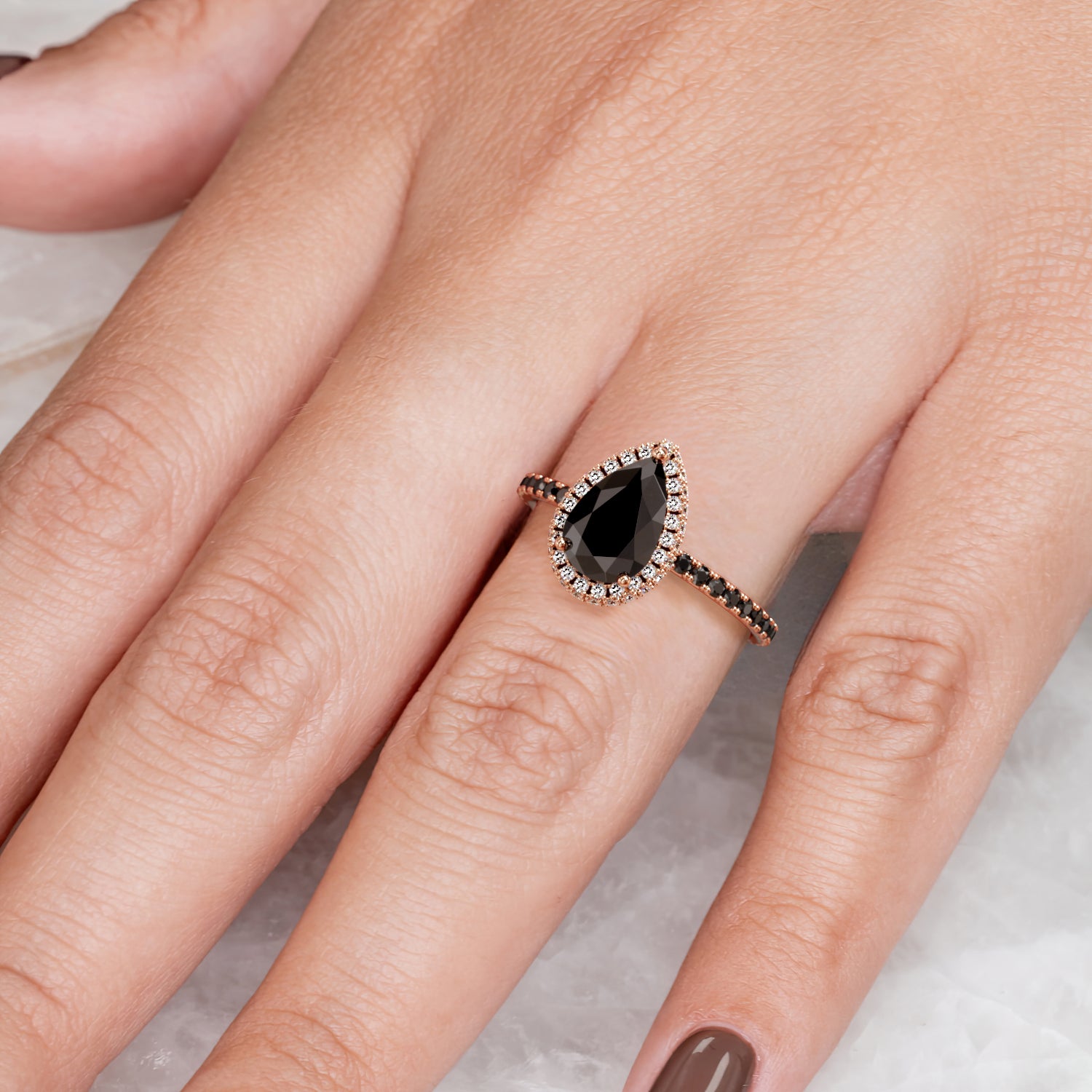 Double Halo  Natural Black Diamond Pear Engagement Ring