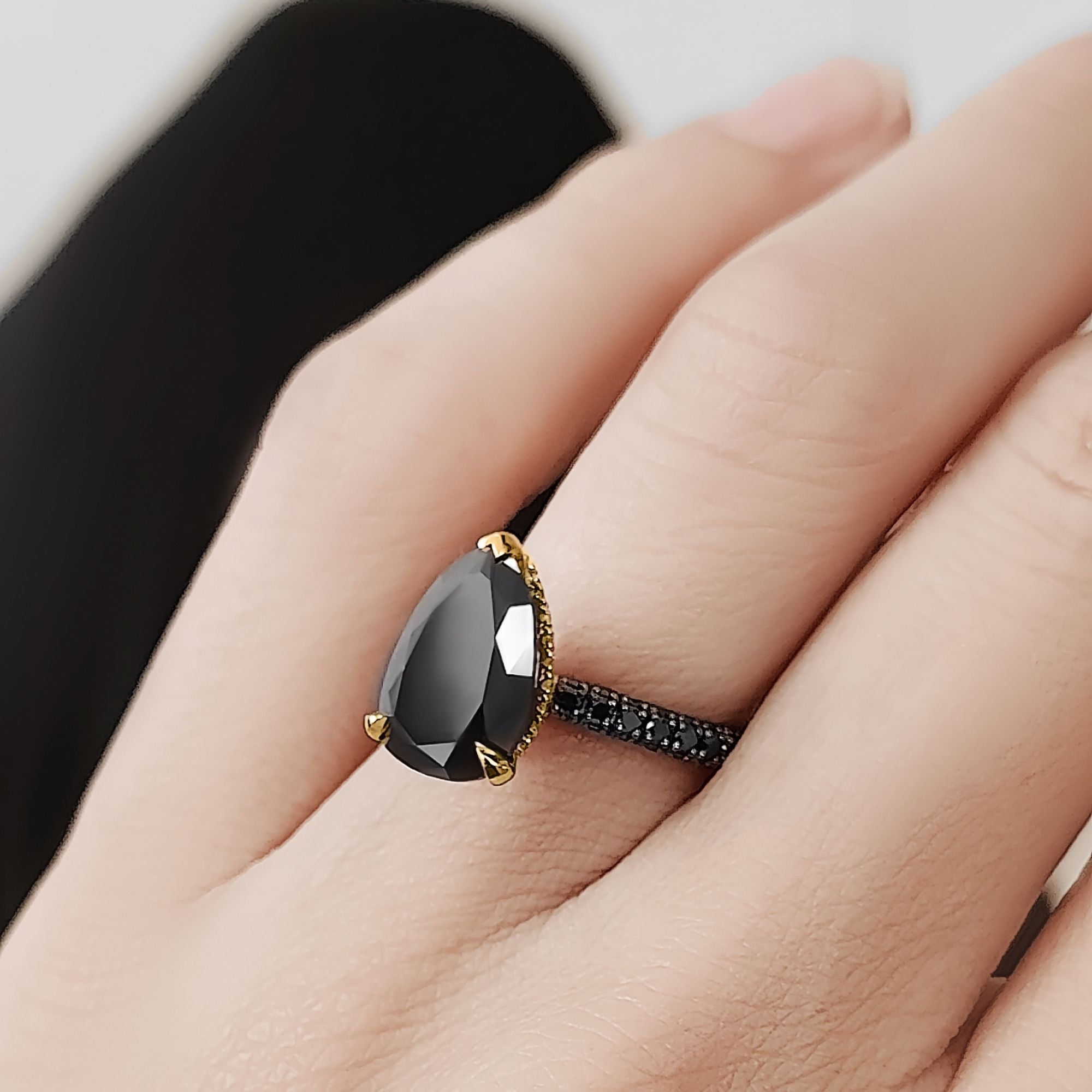 Three Sided Band Black & White Natural Diamond Pear Cut Engagement Ring
