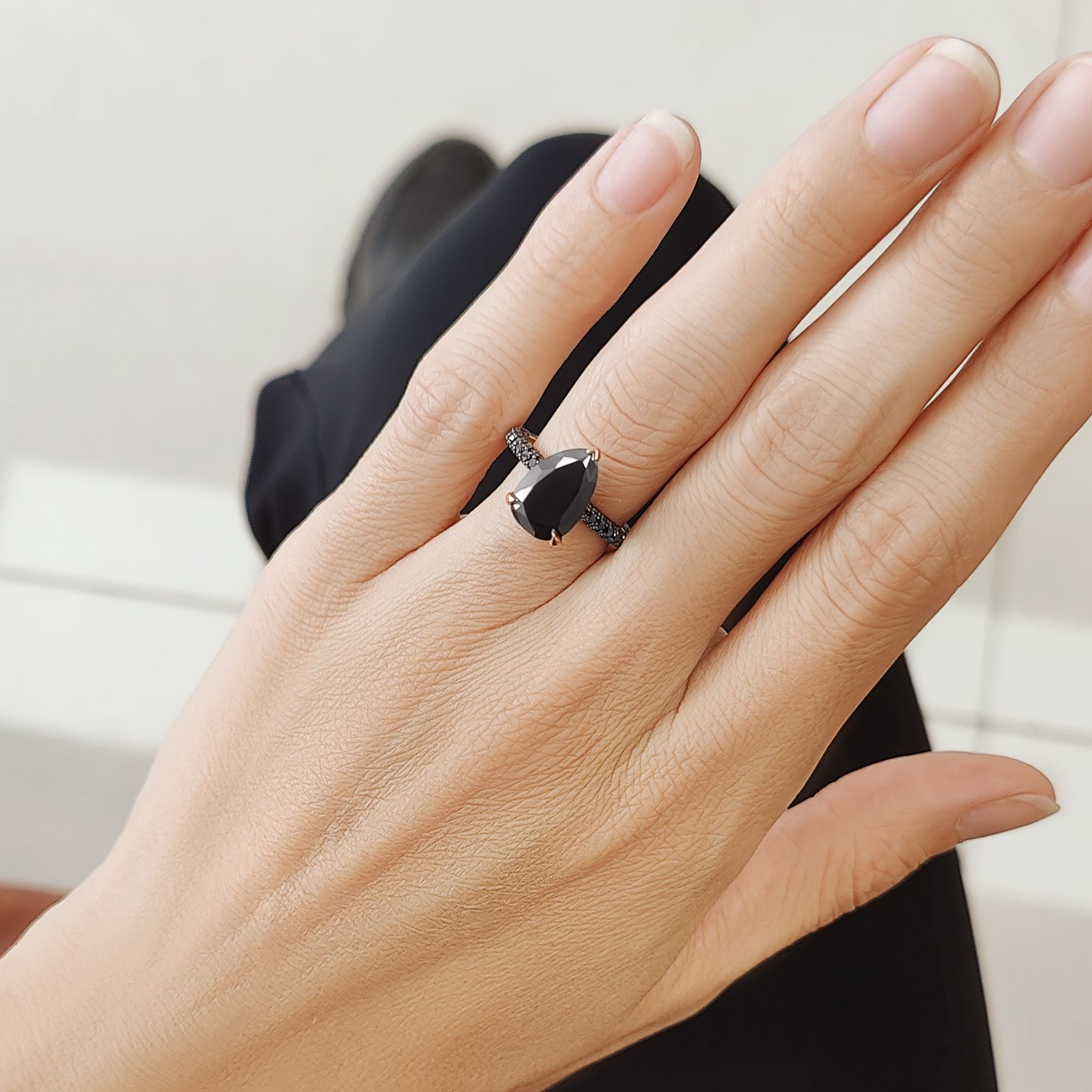 Three Sided Band Black & White Natural Diamond Pear Cut Engagement Ring