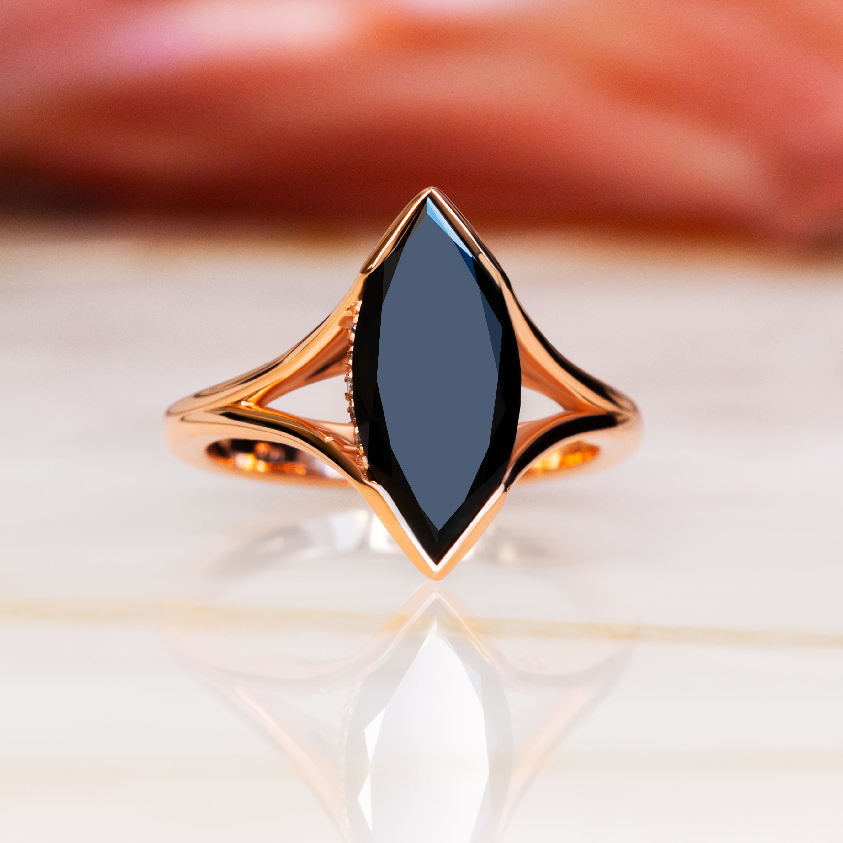Art Deco  Natural Black Diamond Marquise Engagement Ring in Rose  Gold