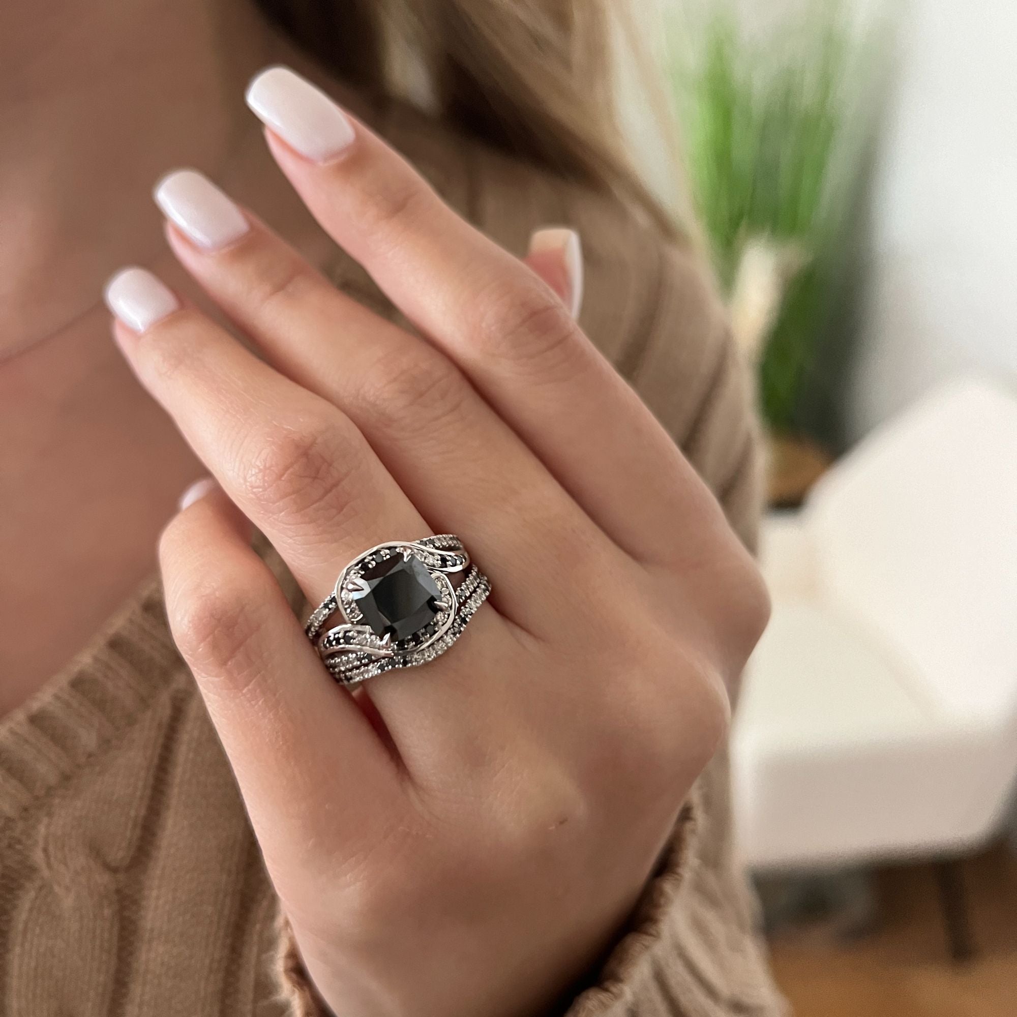 Black & White   Natural Black Diamond Cushion Engagement Ring  in White Gold
