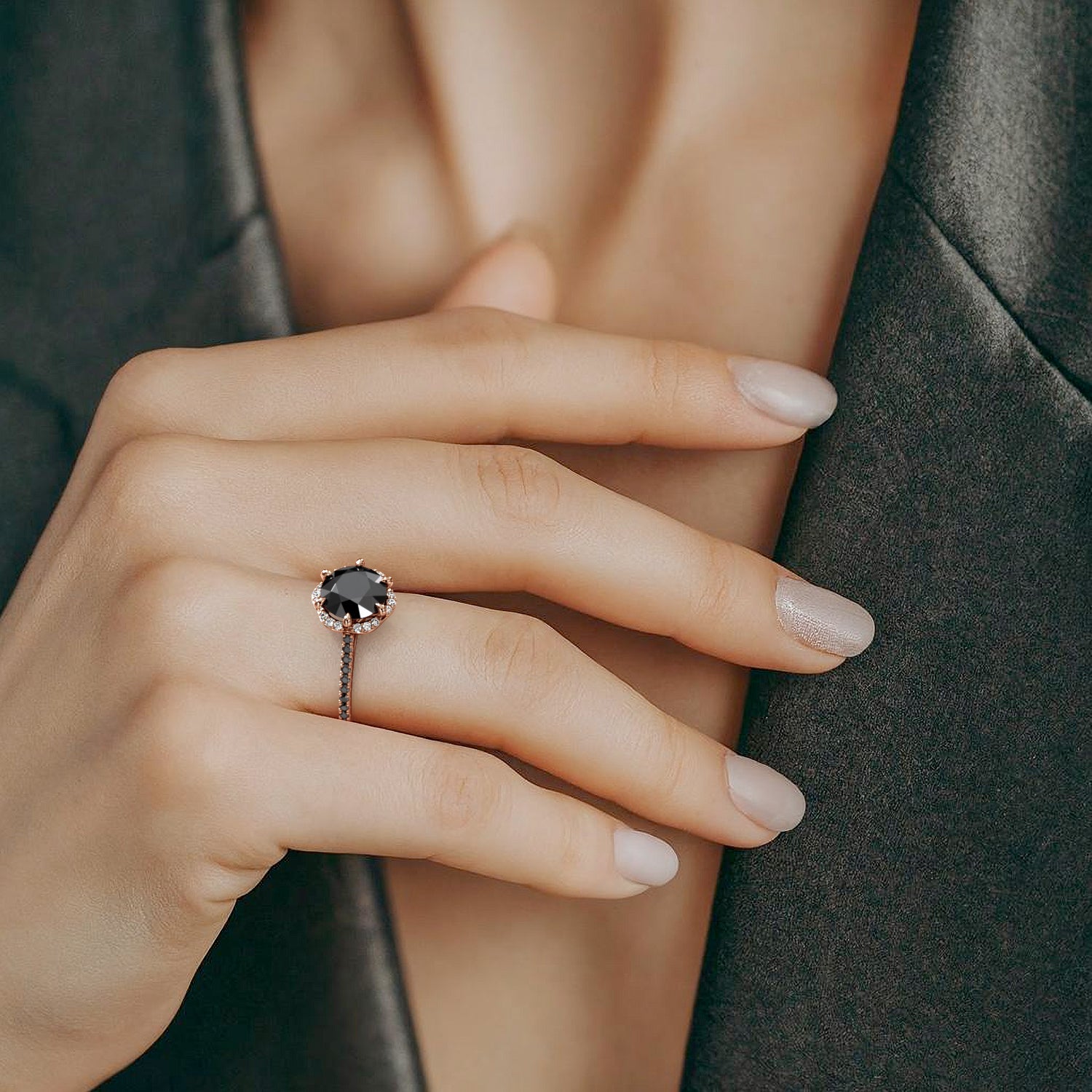 Vintage  Natural Black Diamond Round Engagement Ring