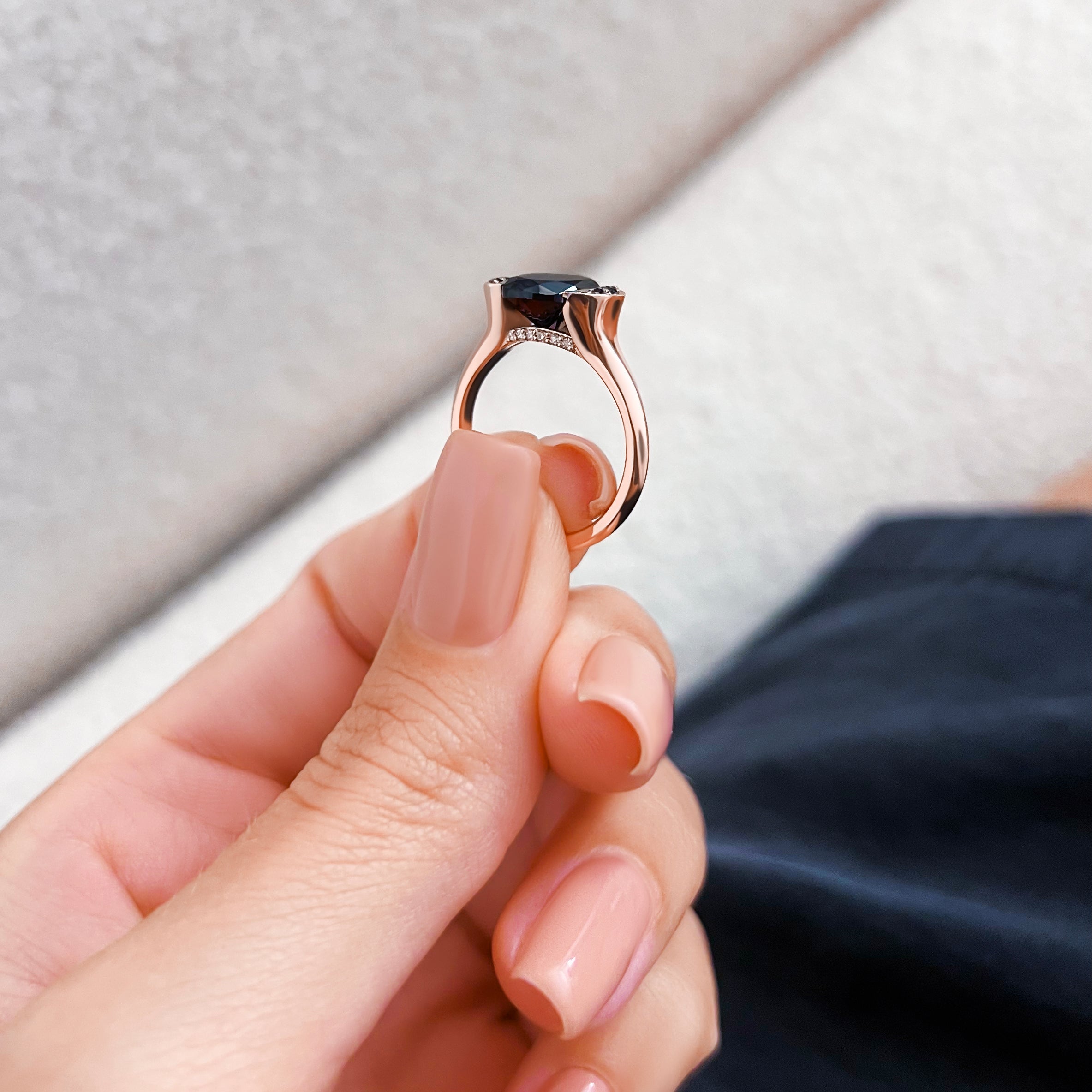 Crescent Natural Black Diamond Oval Engagement Ring