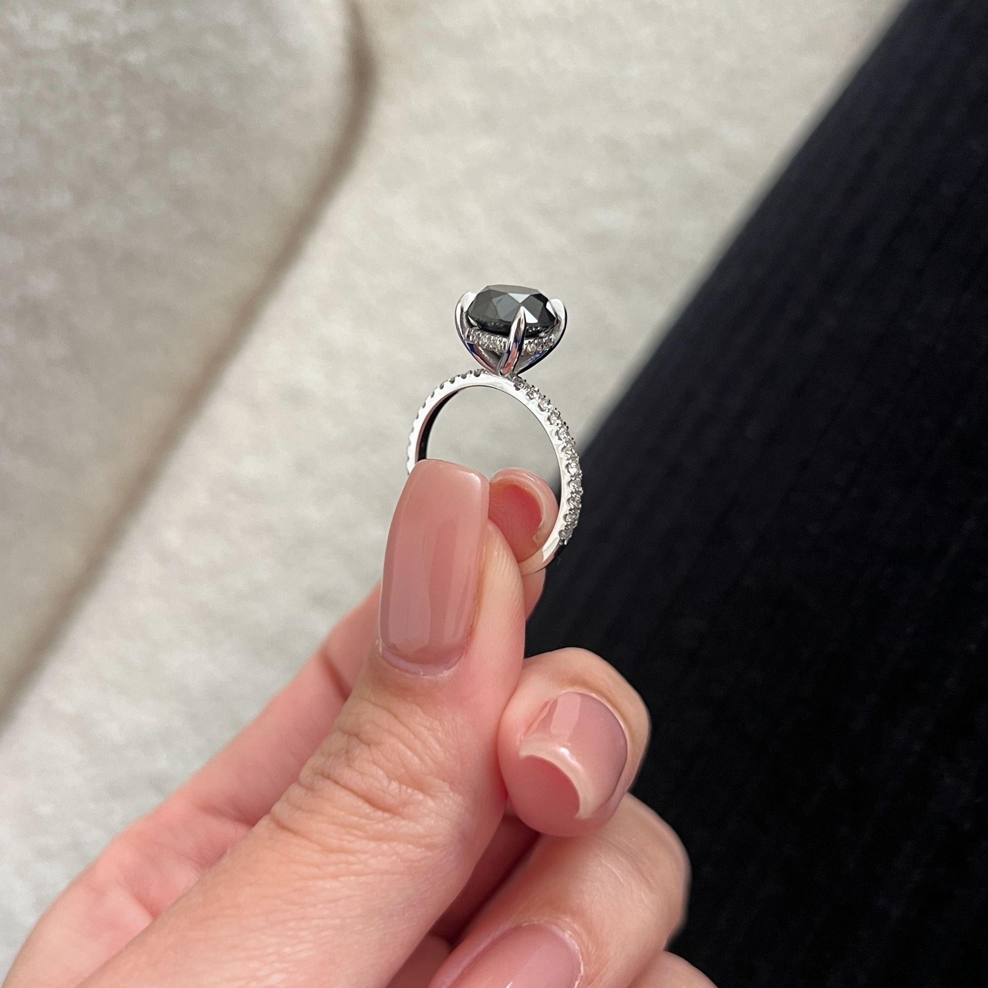 Black & White   Natural Black Diamond Round Engagement Ring  in White  Gold