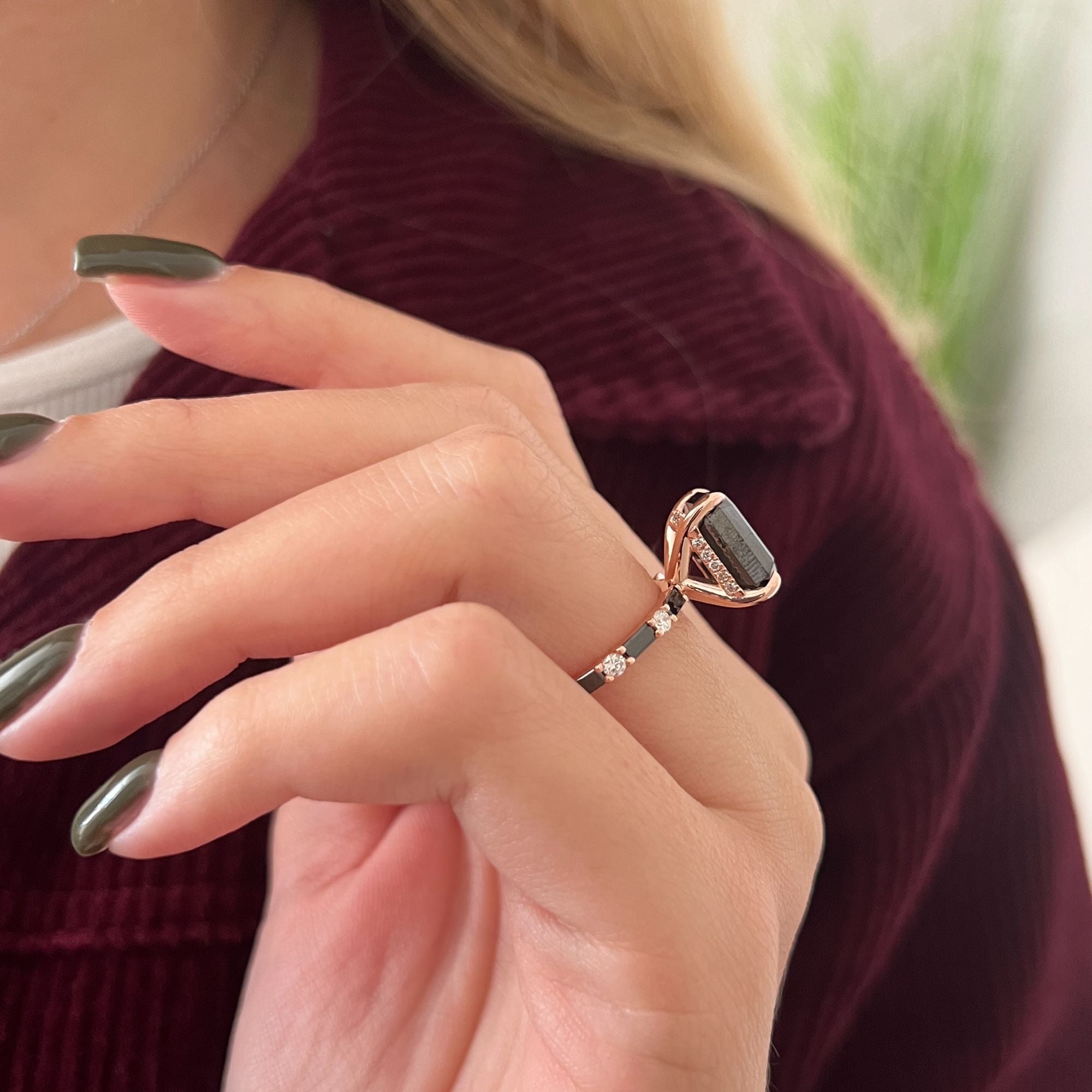 Art Deco Natural Black Diamond Emerald Cut Engagement Ring
