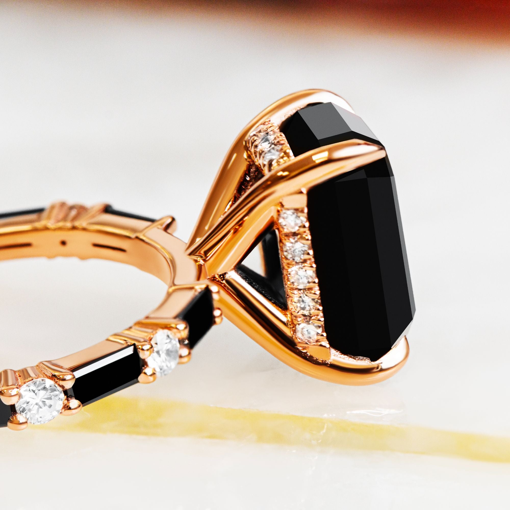Art Deco Natural Black Diamond Emerald Cut Engagement Ring