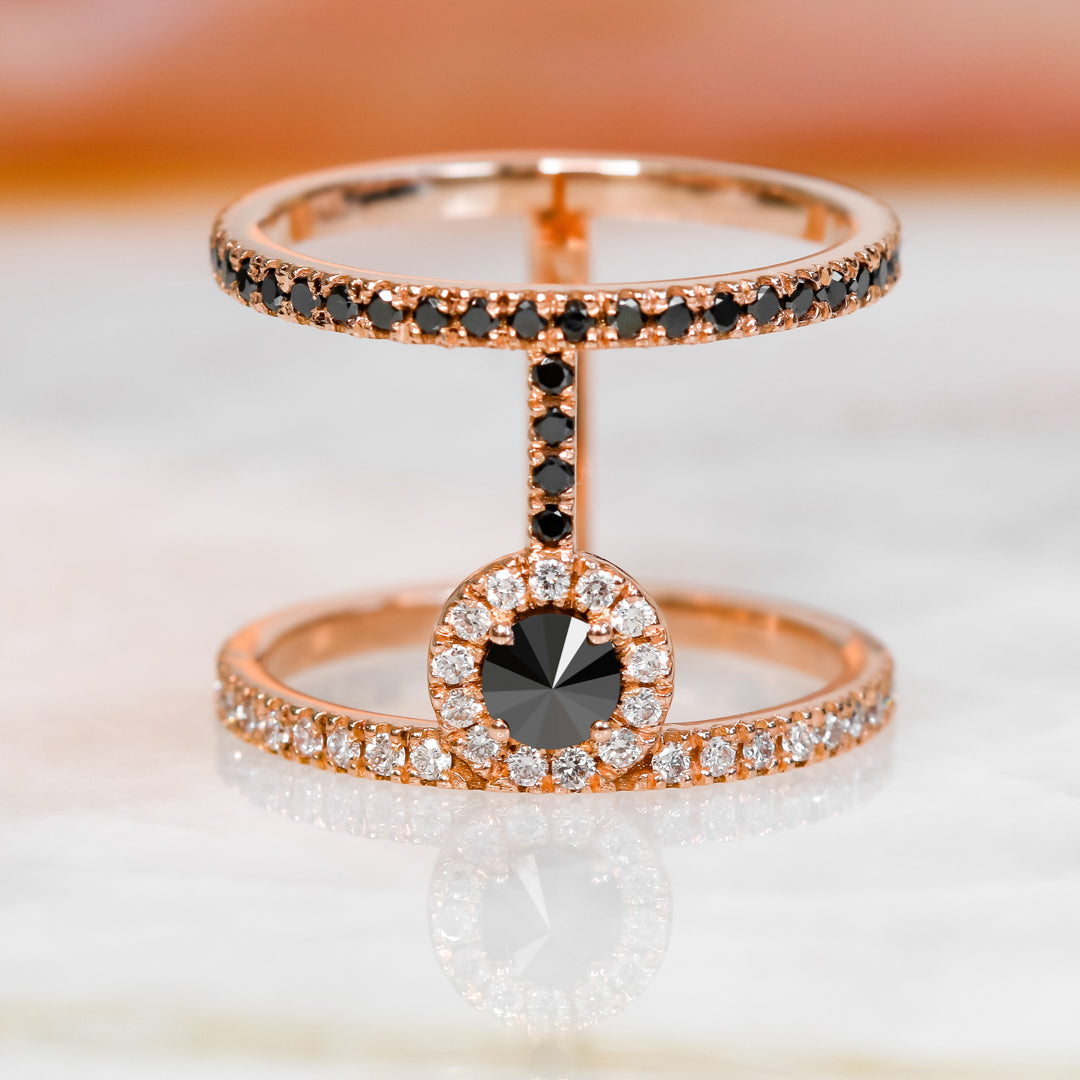 Unique  Natural Black & White Round Diamond Ring in Rose Gold