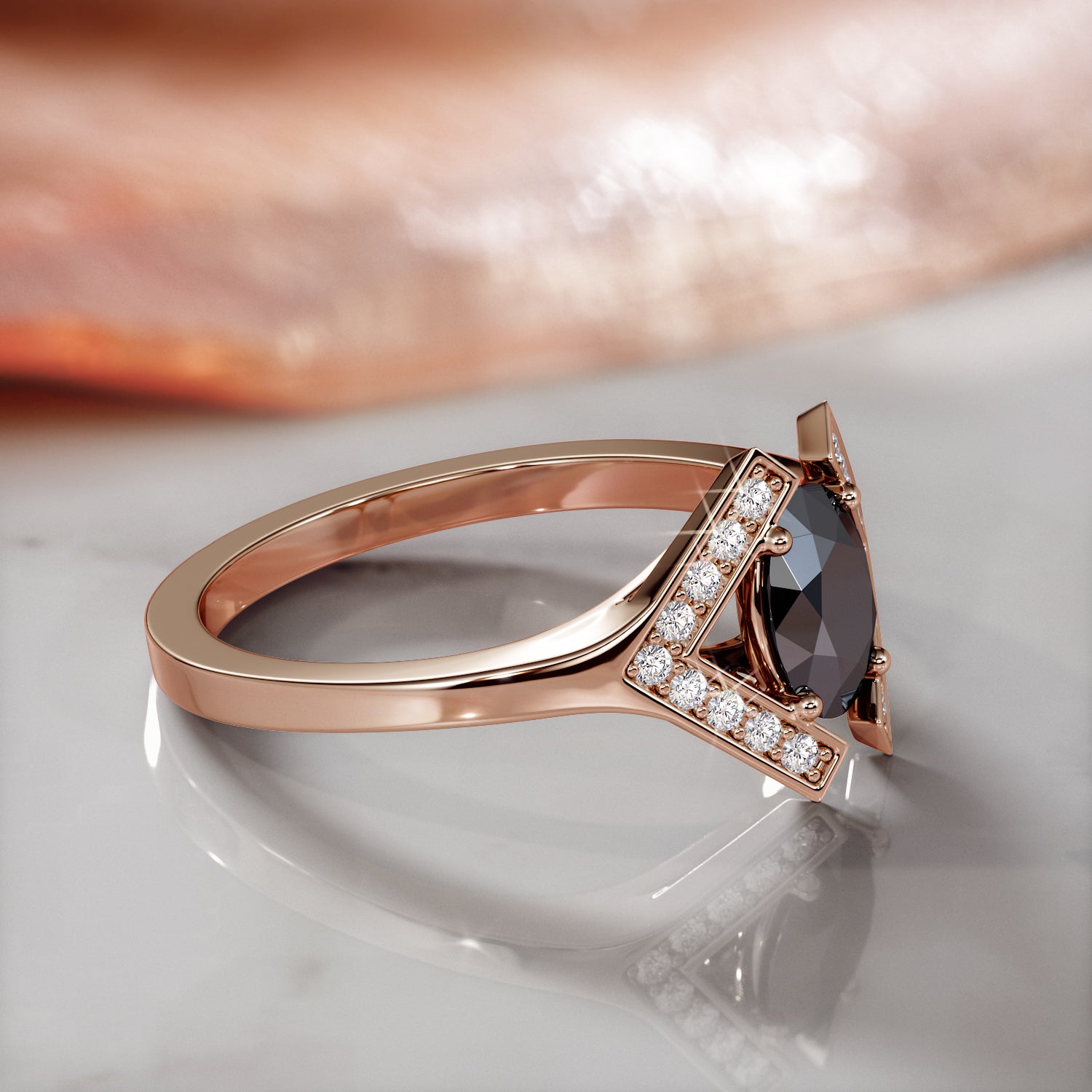 Geometric Natural Black Diamond Oval Engagement Ring