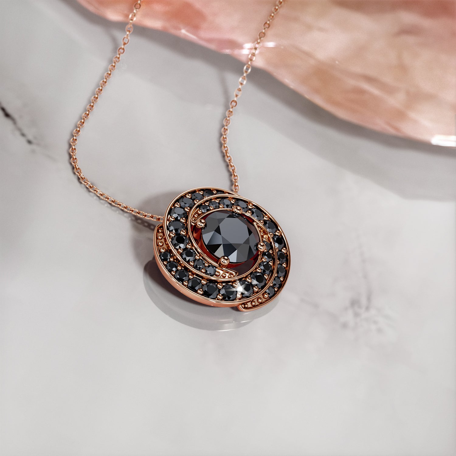 Natural Black Diamond Halo Pendant with Necklace