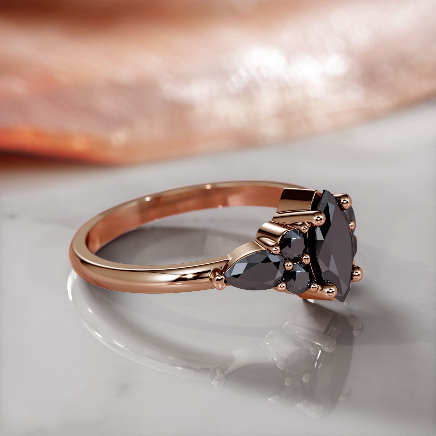 Art Deco  Natural Black Diamond Marquise Engagement Ring  in Rose Gold