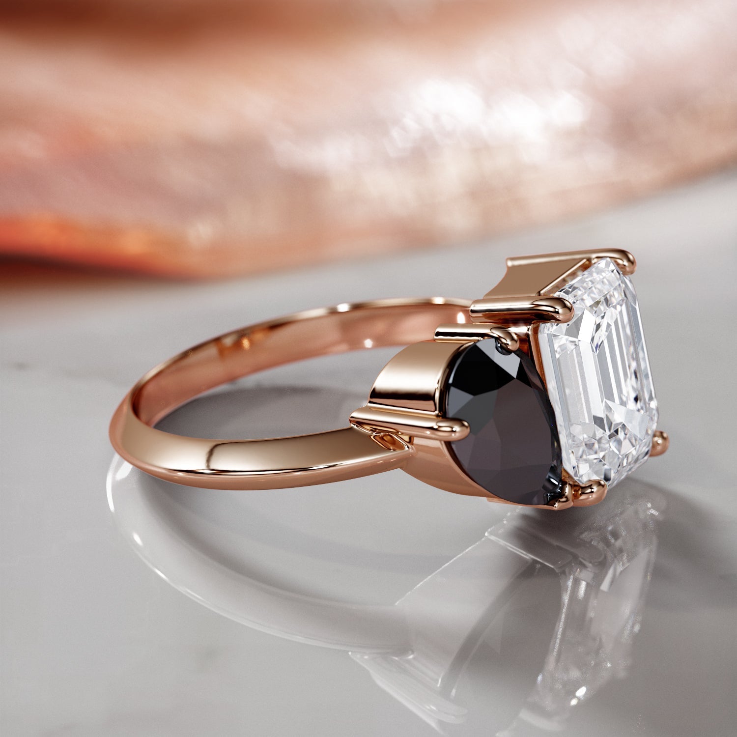 Two Stone Natural Black Diamond Pear Engagement Ring in Rose Gold
