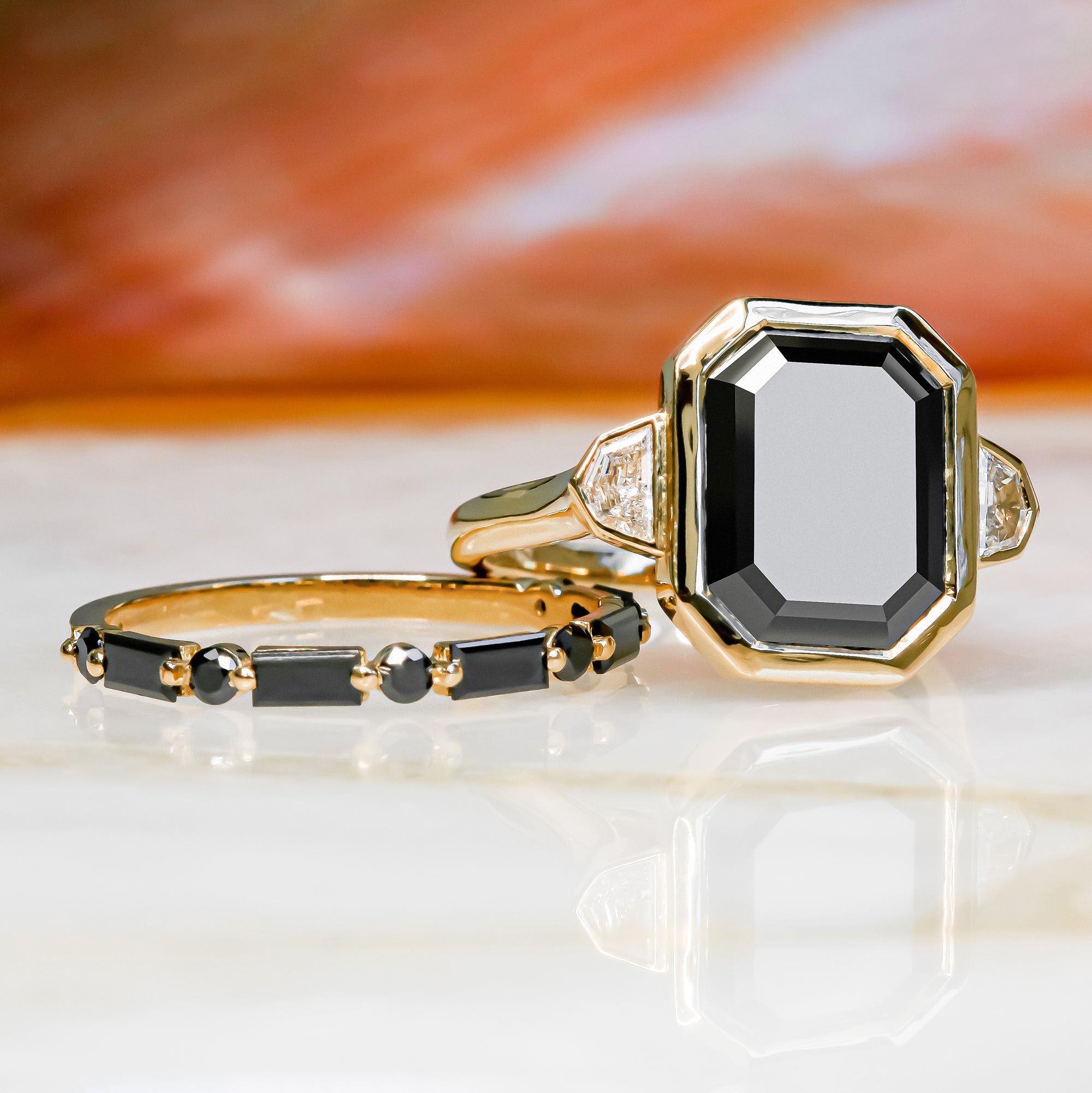 Art Deco Wedding Ring with Round & Baguette Cut Natural Black Diamonds