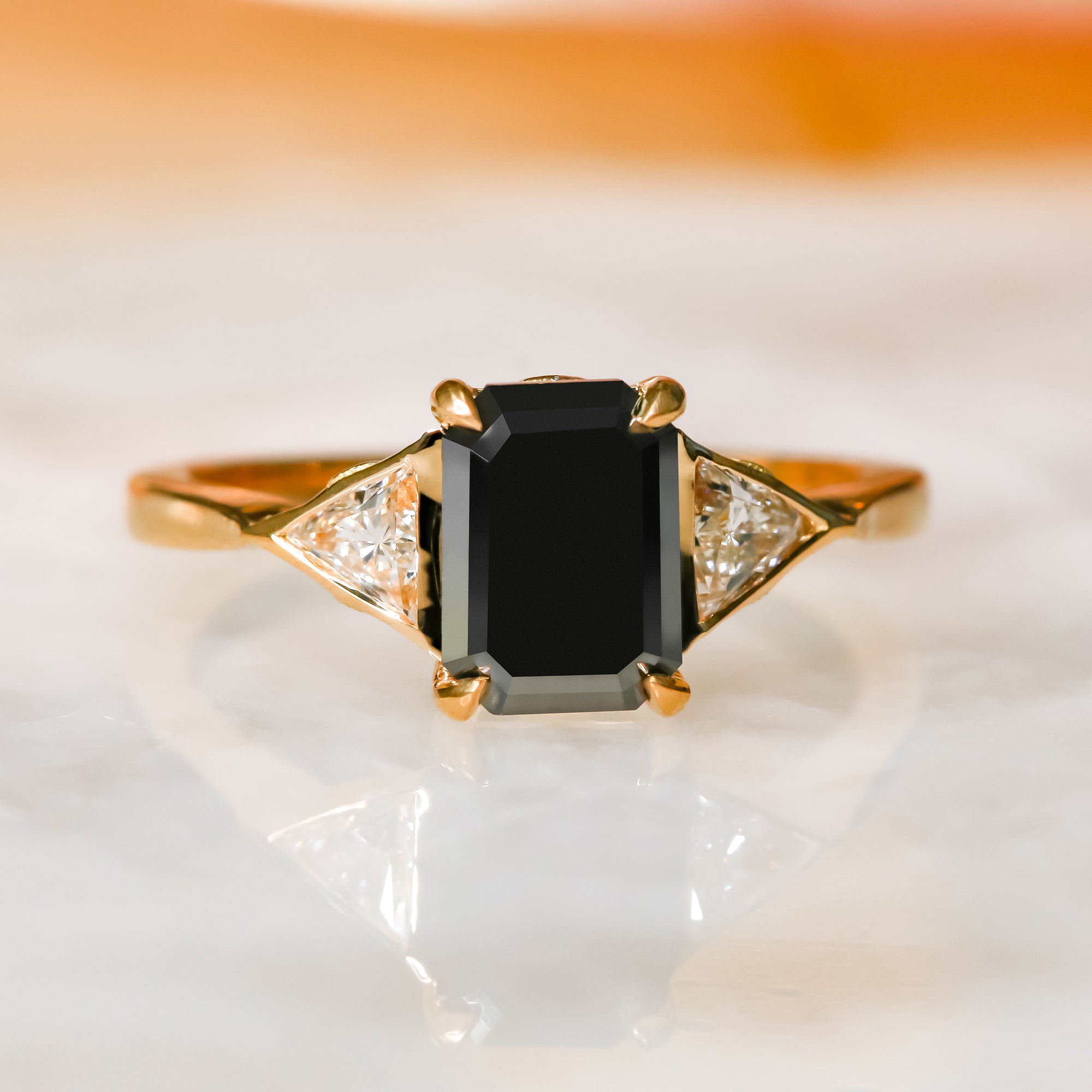 Three Stone Natural Black Diamond Emerald Cut & Triangle Engagement Ring in 14K Gold