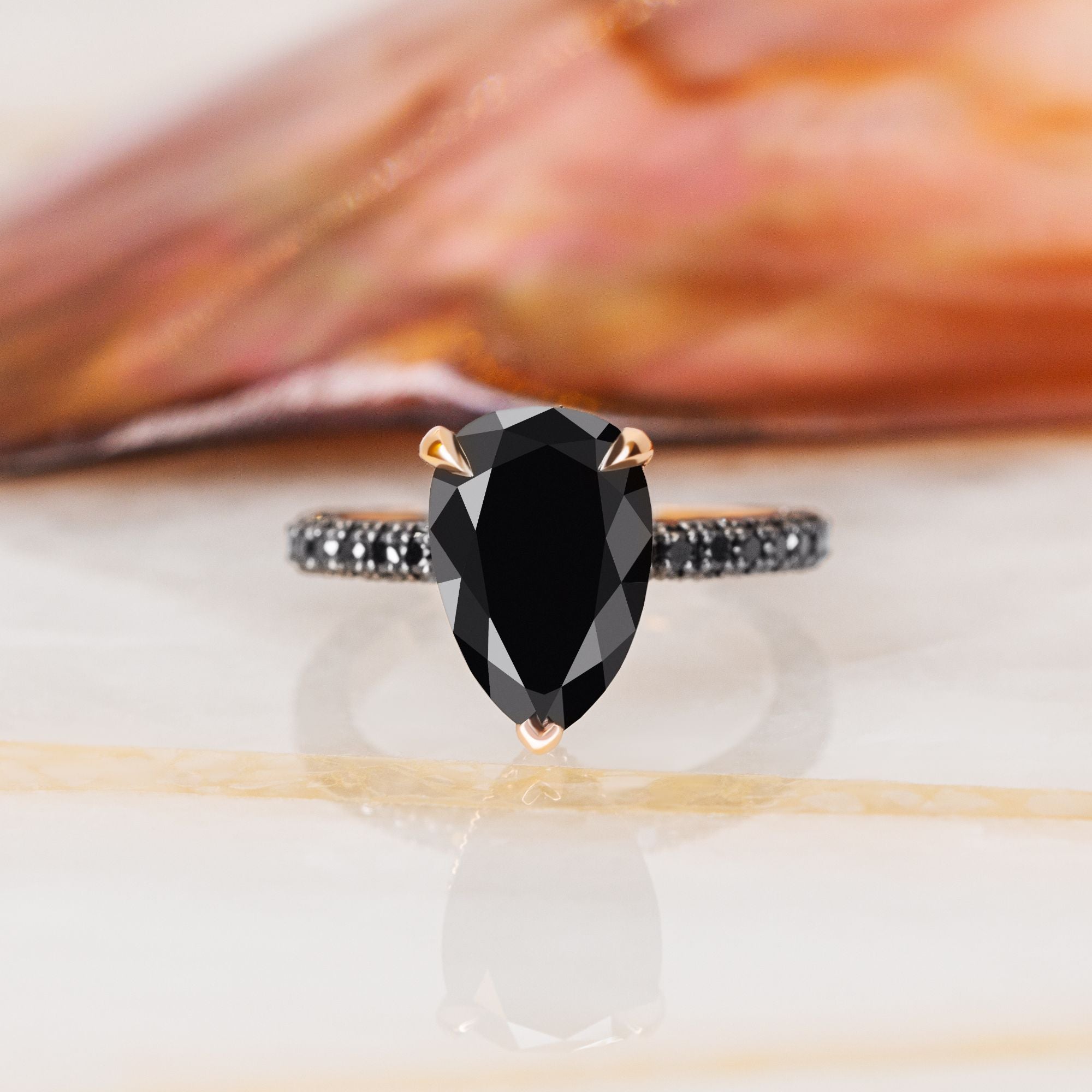 Three Sided Band Black & White Natural Diamond Pear Cut Engagement Ring