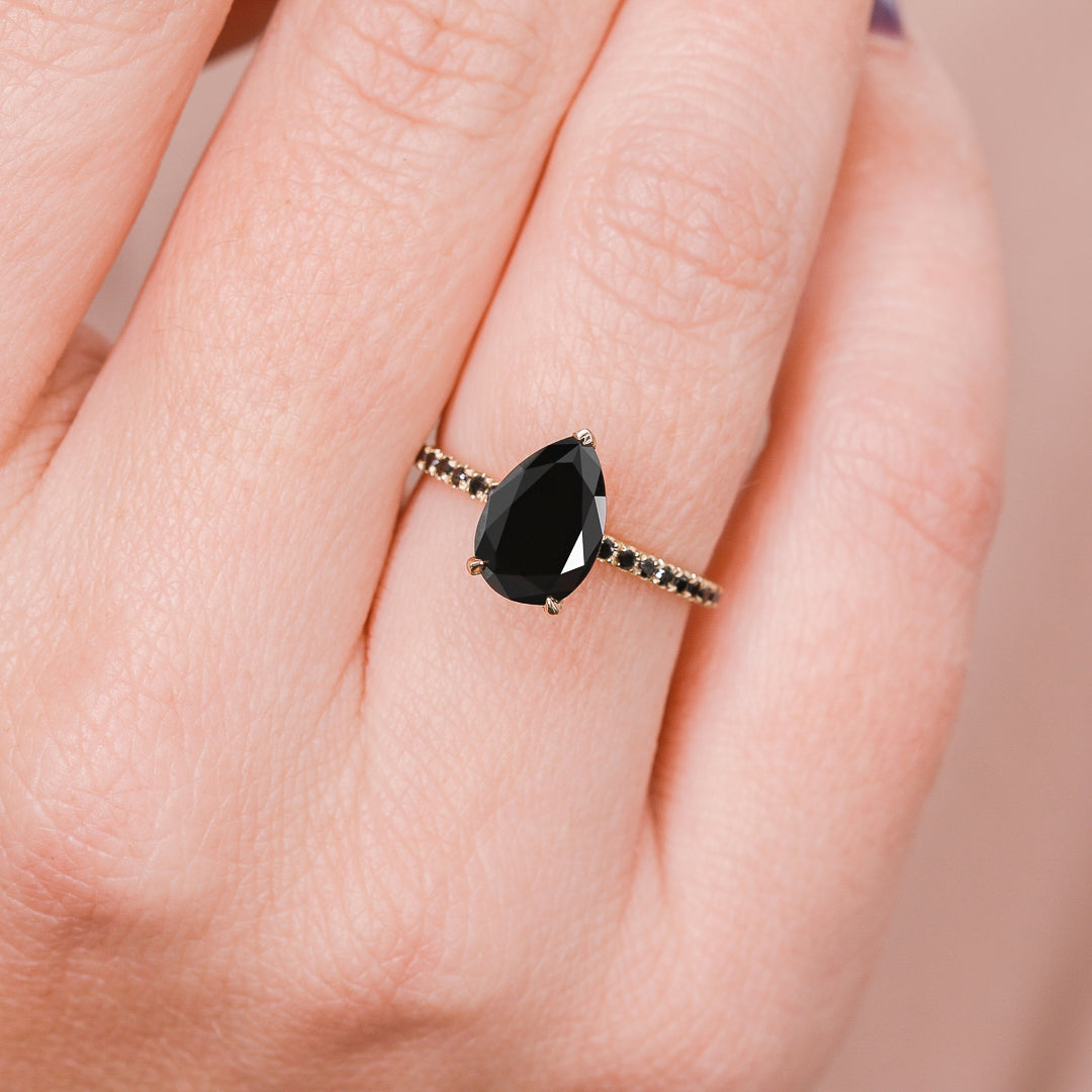 Unique  Natural Black Diamond Pear Engagement Ring