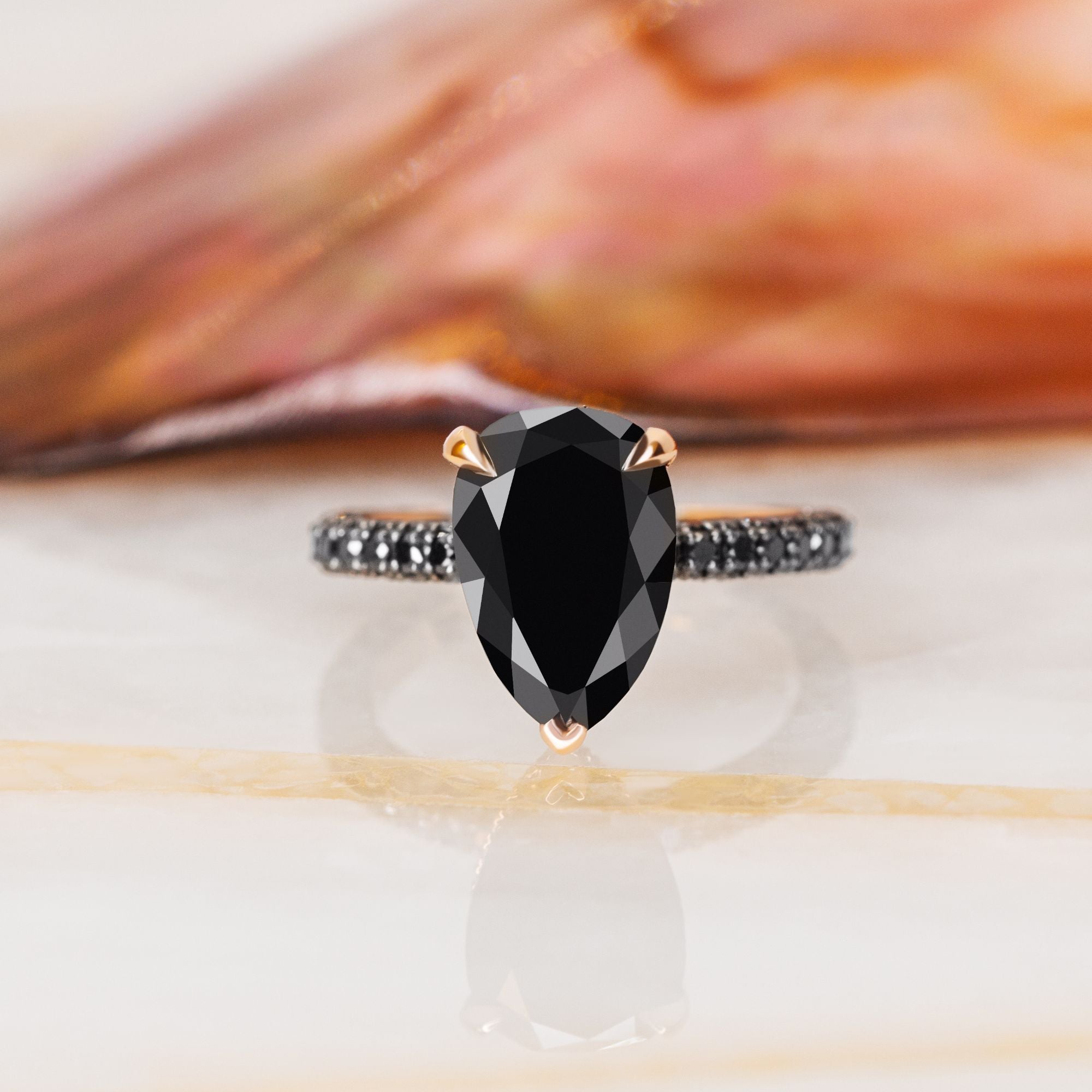 Three Sided Band Black & White Natural Diamond Pear Cut Engagement Ring