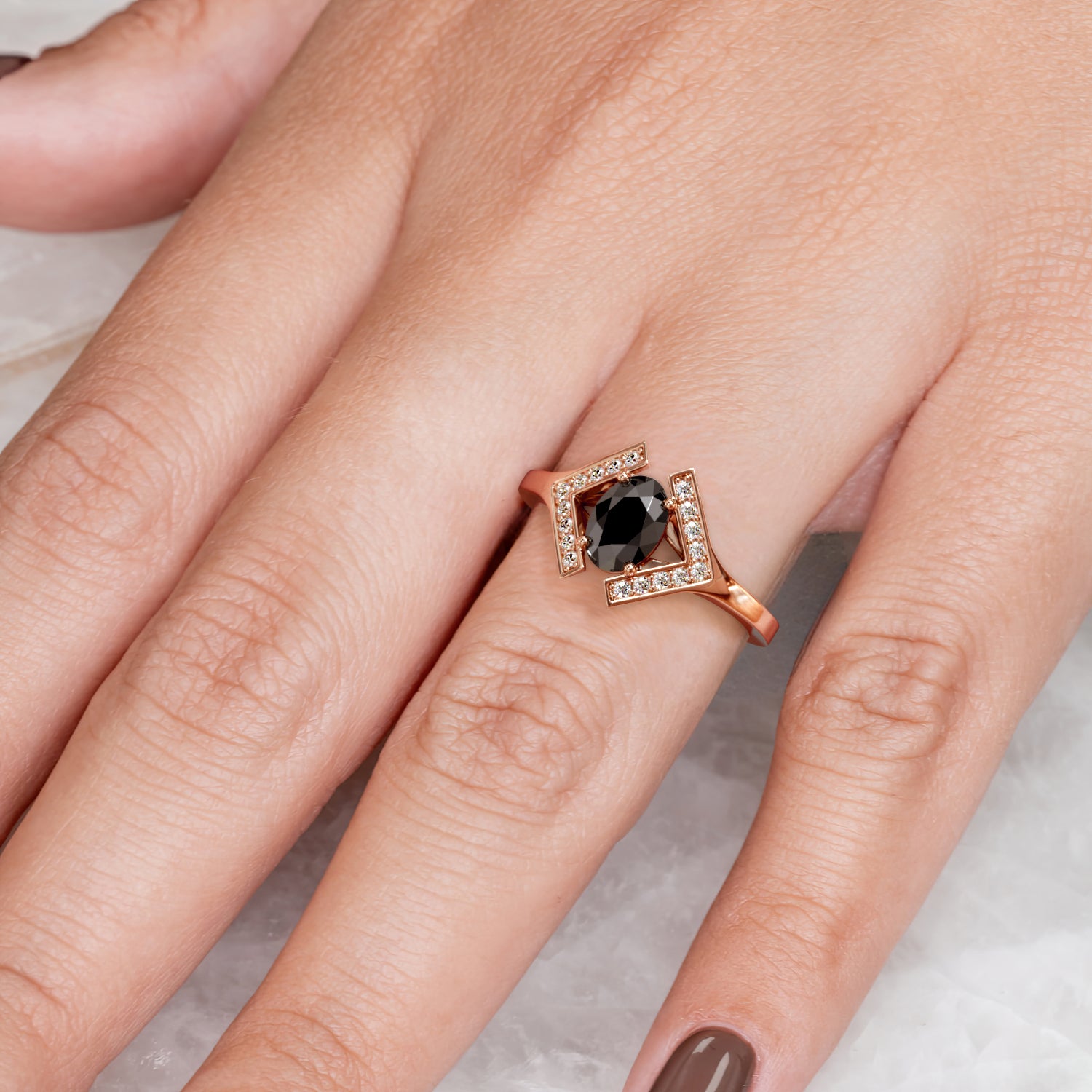 Geometric Natural Black Diamond Oval Engagement Ring