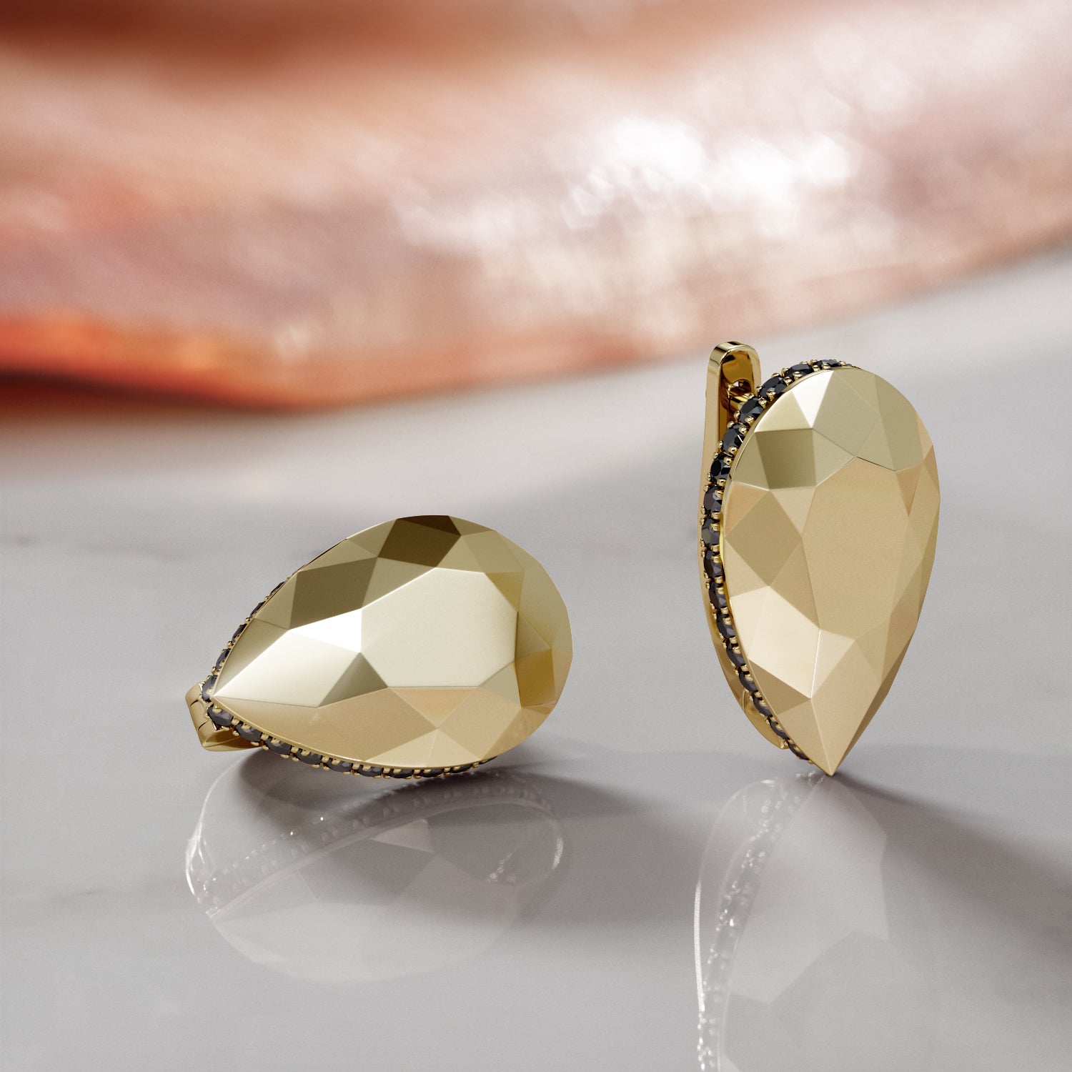 Edgy Faceted Natural Black Diamond Lever Back Pear Shaped Earrings