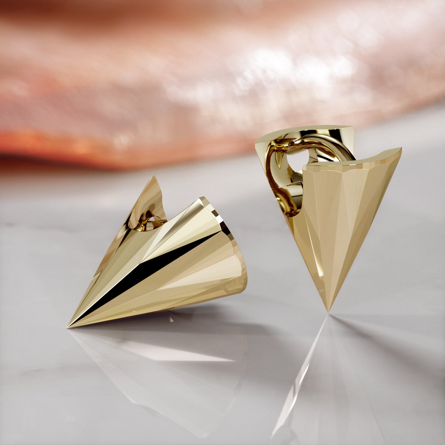 Solid Gold Cone Faceted Lever Back Earrings