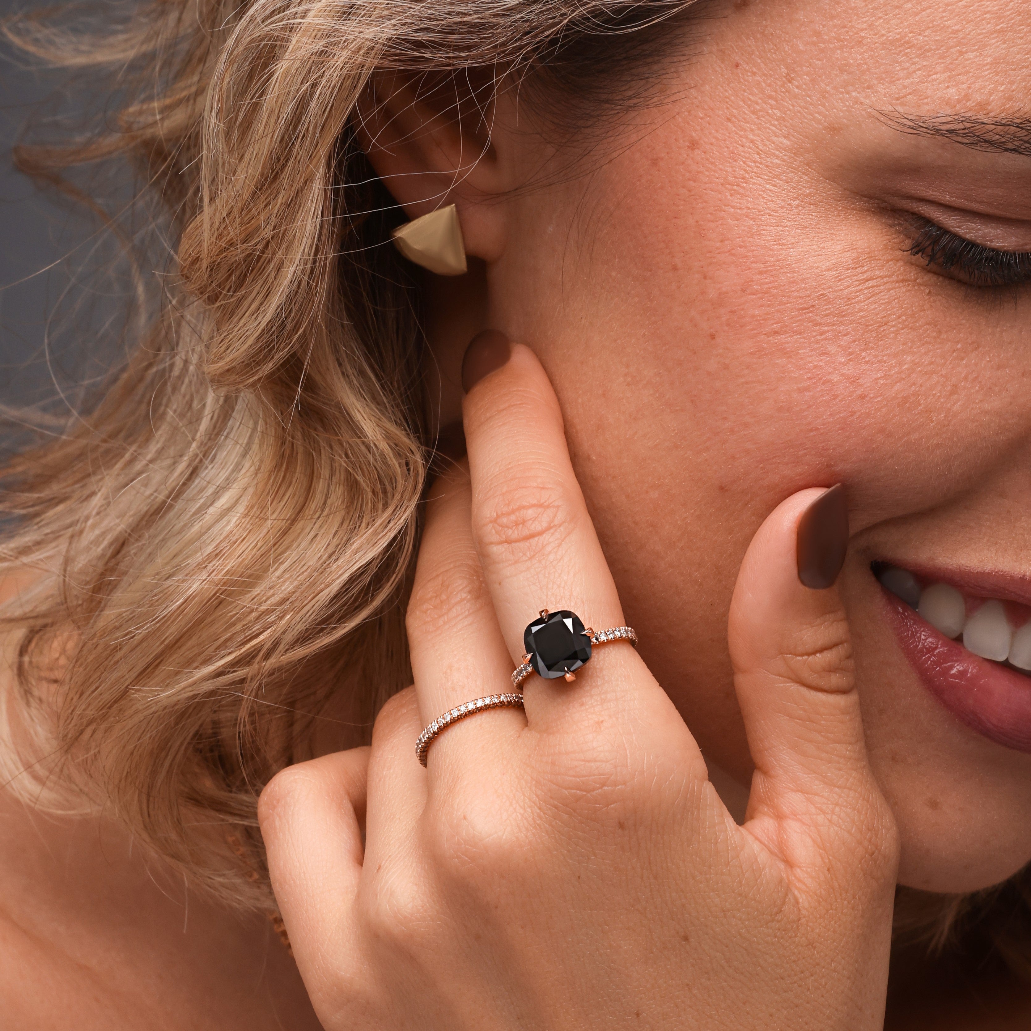 Compass  Natural Black Diamond Cushion Engagement Ring