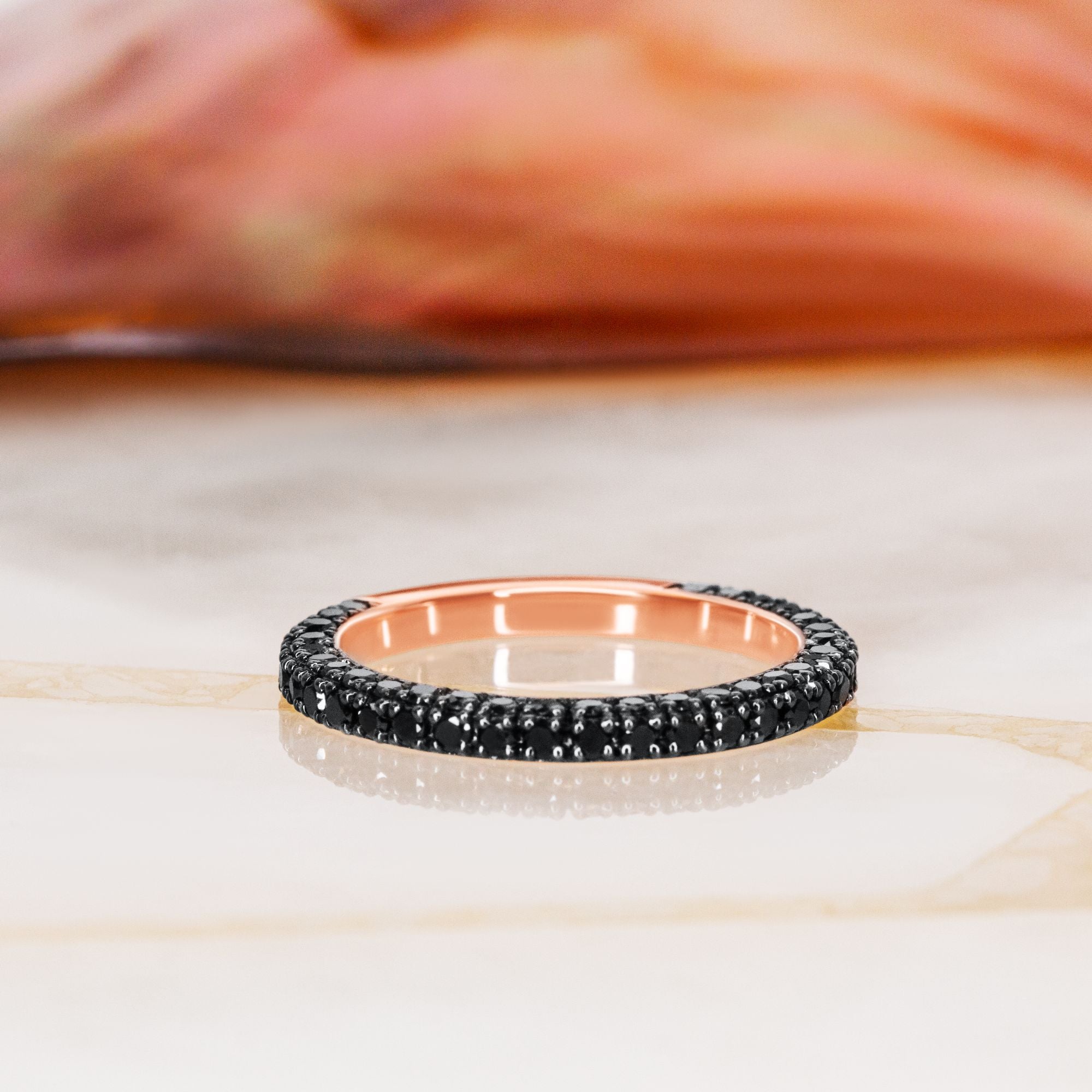 Pave Wedding Ring with Round Cut Natural Black Diamonds Rose Gold